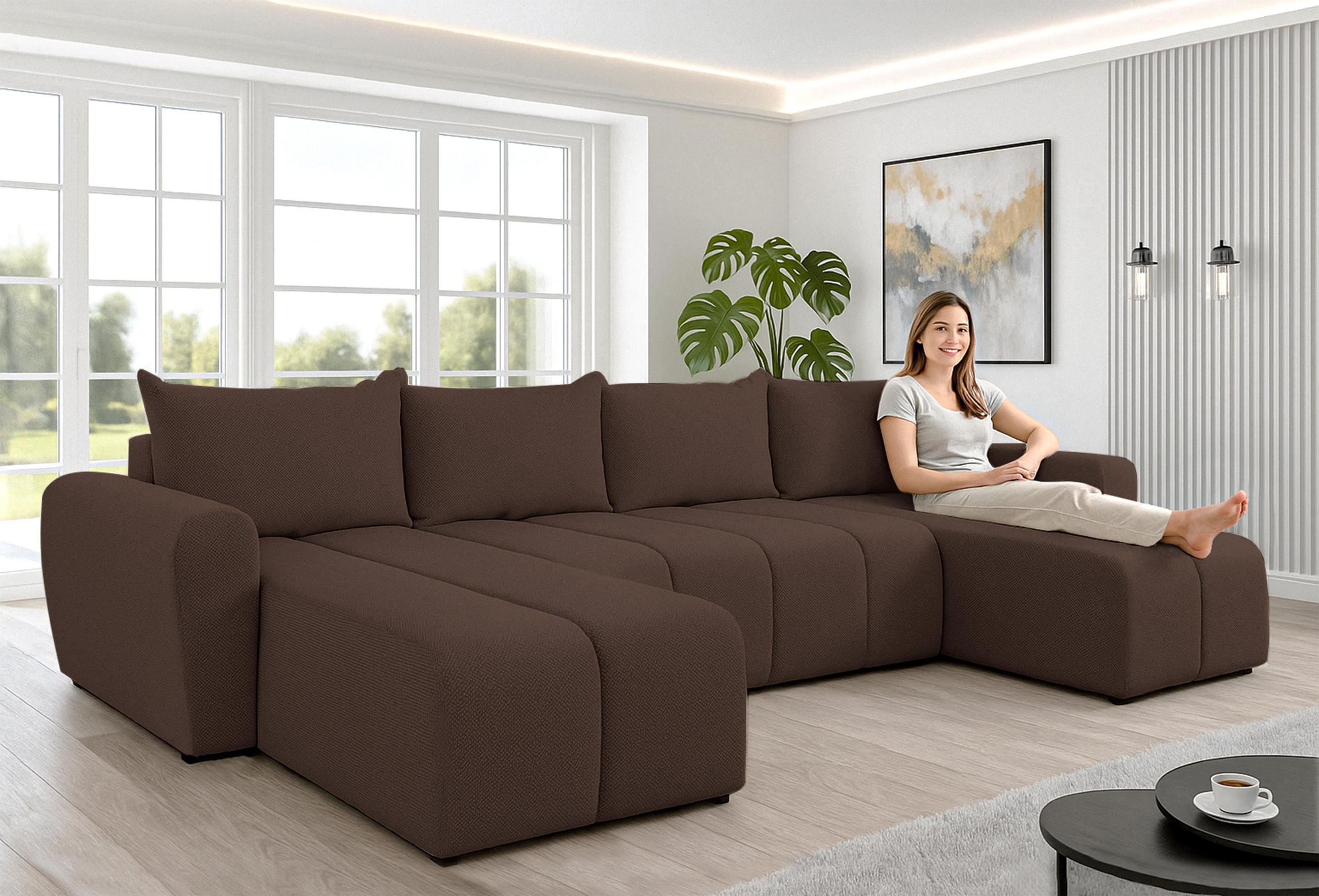 WOHNLANDSCHAFT Ferrande Braun 318/149/91 cm mit Schlaffunktion Bettkasten Modern - Schwarz/Braun, Kunststoff/Textil (318/91/149cm) - AX Living
