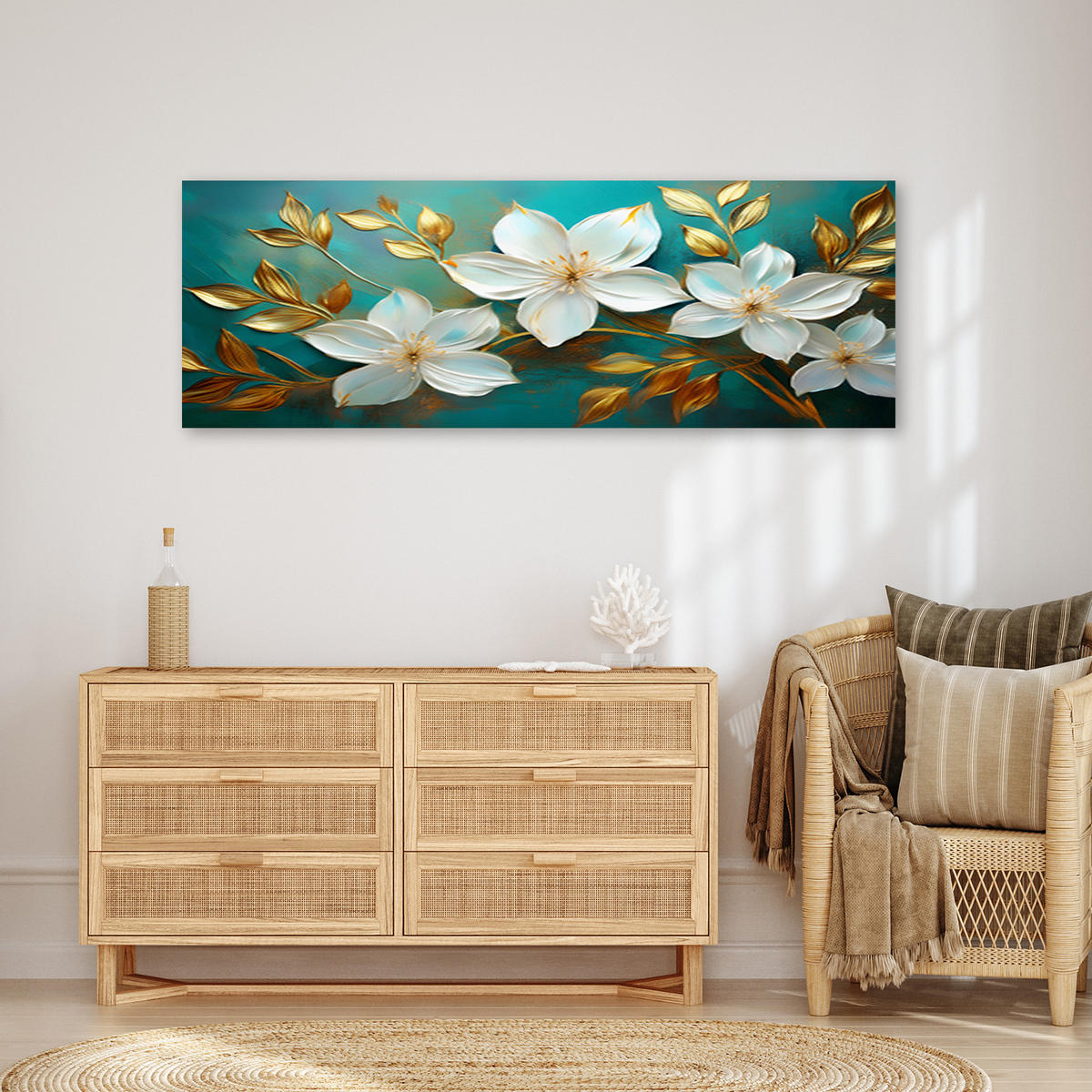 WANDBILD weiße blumen goldene türkisfarbene blätter - Goldfarben, Textil (90/30cm) - Feeby