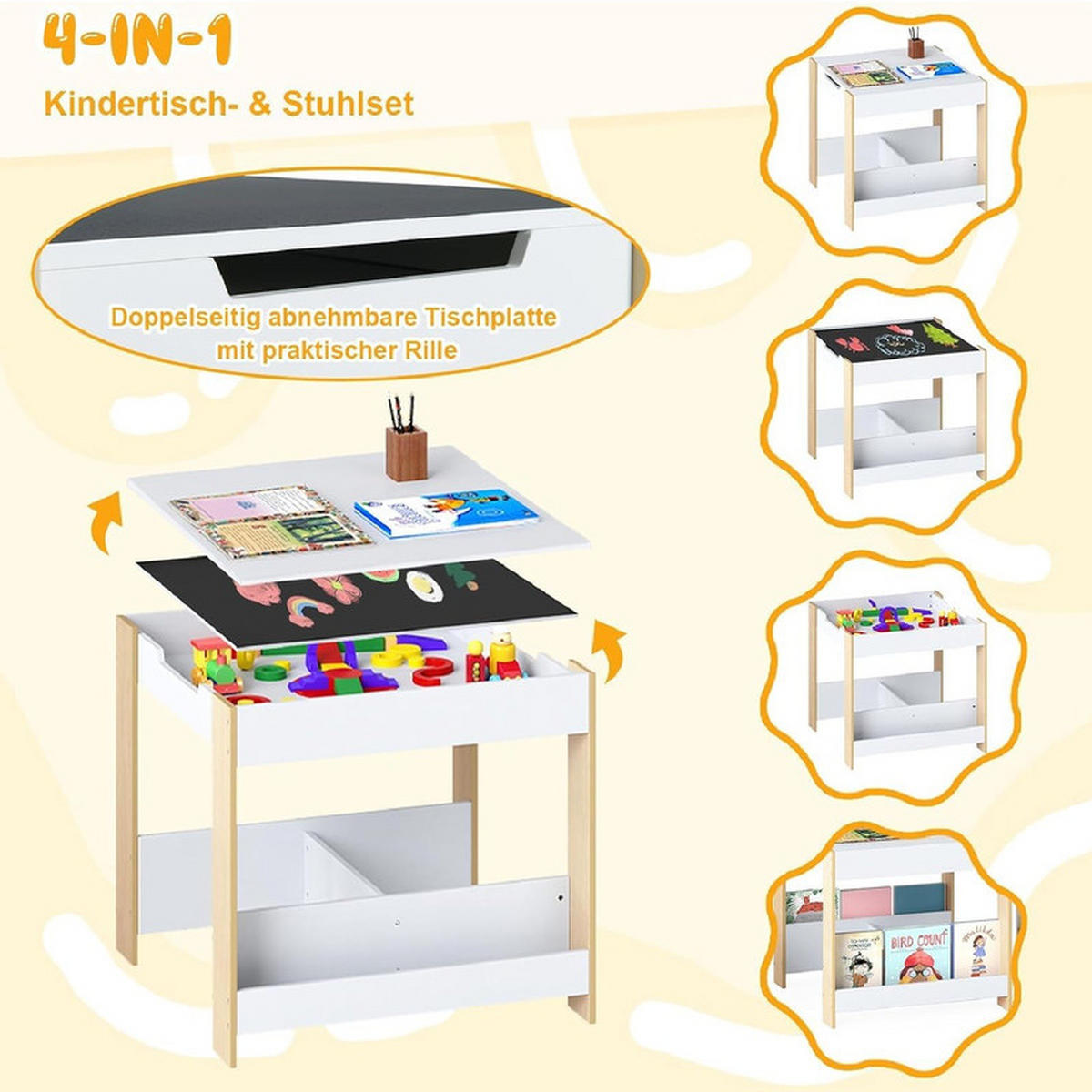 KINDERTISCH mit Stuhl natur(3-tlg) - Naturfarben, Holzwerkstoff (62/56.5/62cm) - COSTWAY