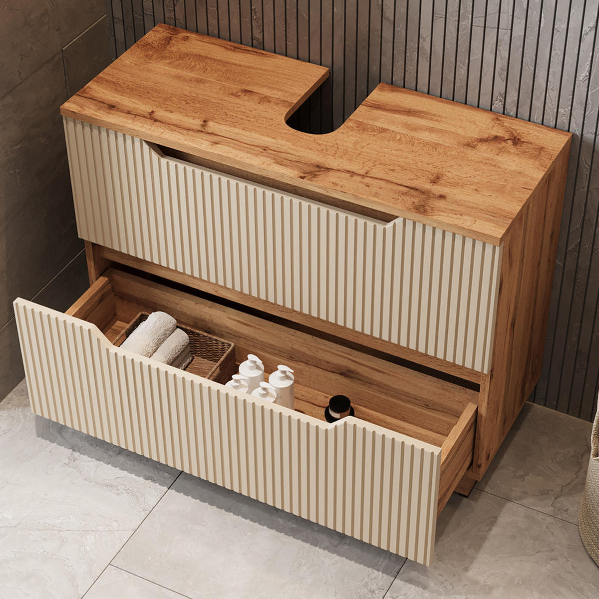 WASCHBECKENUNTERSCHRANK Lotta Eiche/Kaschmir gestreift 79.6 x 62.5 cm mit 2 Schubladen - Kaschmir/Eichefarben, Holzwerkstoff (79.6/62.5/32cm) - Vicco