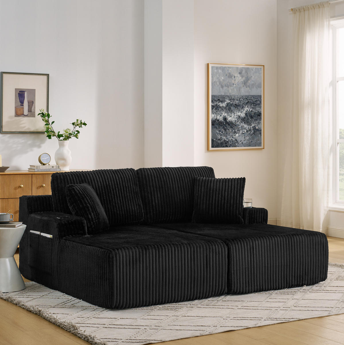 SCHLAFSOFA 2-Sitzer mit Getränkehalter Kordstoff Black - Schwarz, Textil (154/78/186cm) - Meubliv