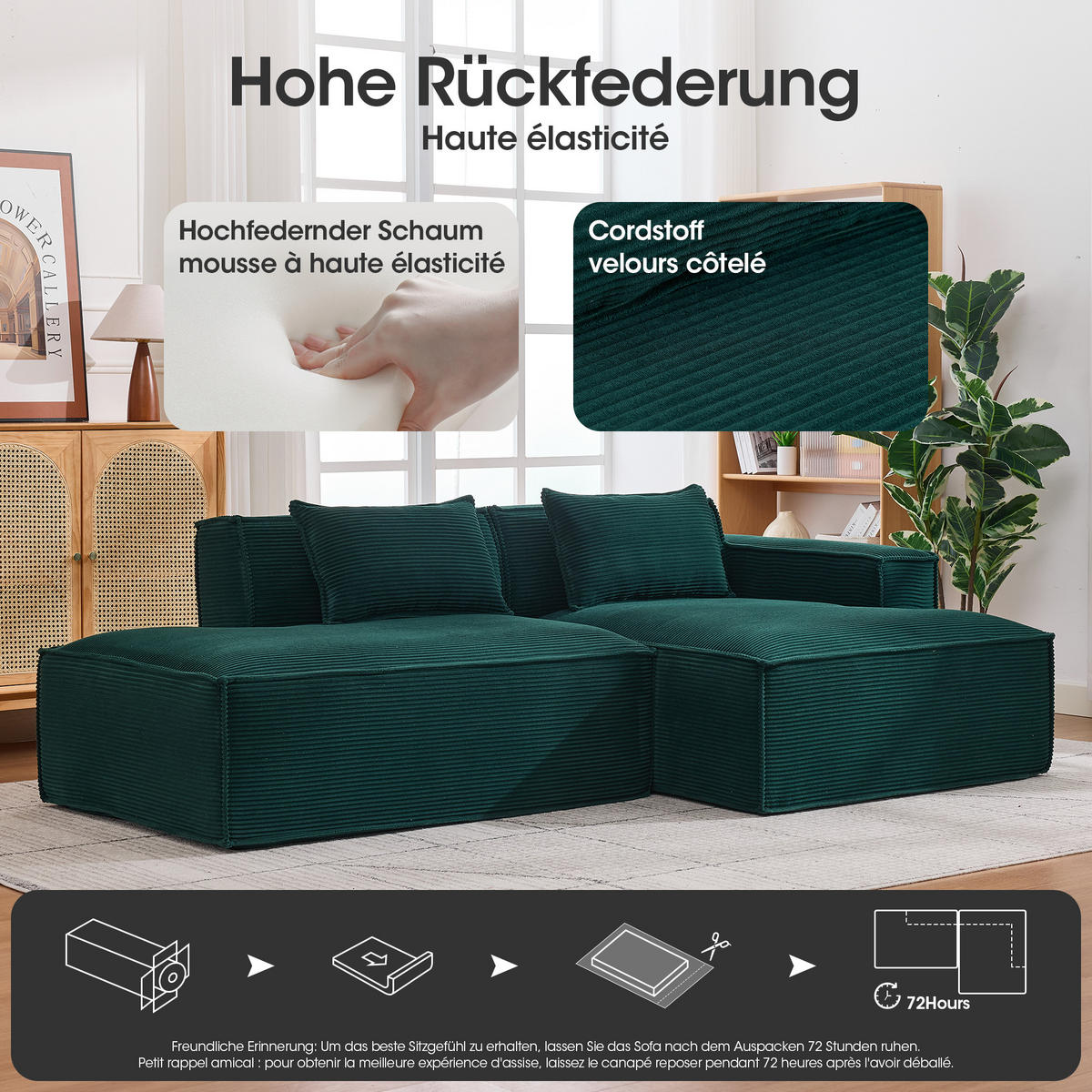 3-SITZER ECKSOFA Polyester Retrogrün mit 2 Kissen - Jadegrün, Textil (235/129cm) - WISHDOR