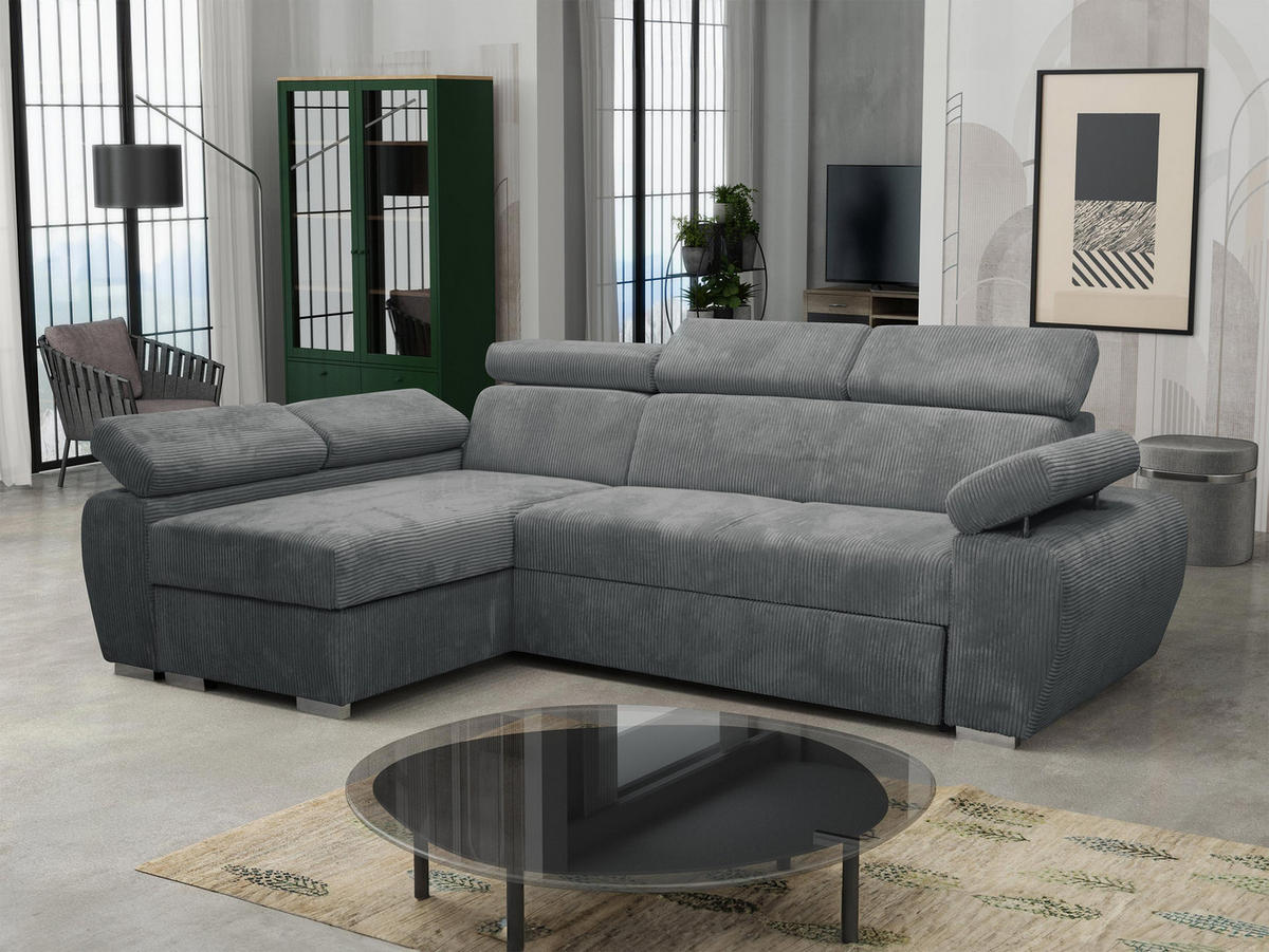 ECKSOFA Boston Mini Premium Cord 2RLC, Seite: Links LC+2R - Chromfarben/Grau, Holz/Textil (255/170cm) - MIRJAN24