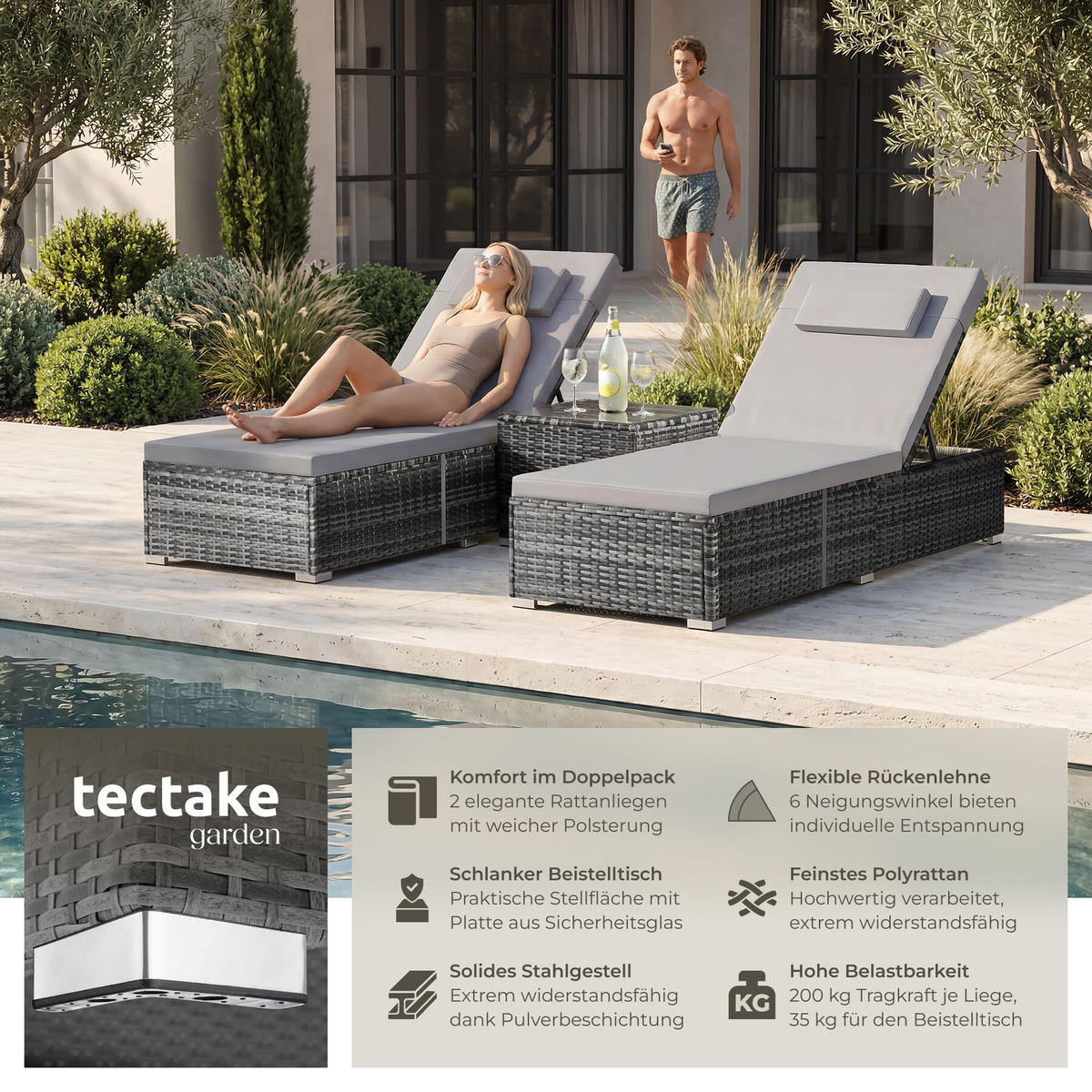RATTAN-DOPPELLIEGE Carbonera, Belastbarkeit je 200 kg, grau - Grau, Kunststoff (62/36/196cm) - tectake