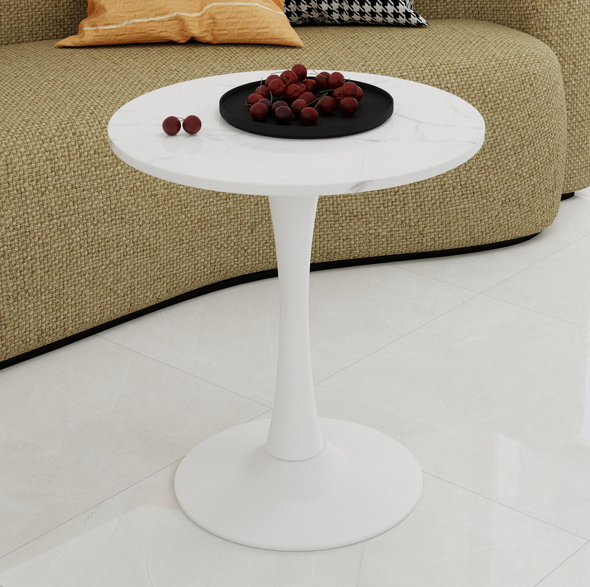 COUCHTISCH 70 cm in Weiß aus Kunstmarmor–rund und vielseitig - Weiß, Stein (70/70/72cm) - Flora Grace