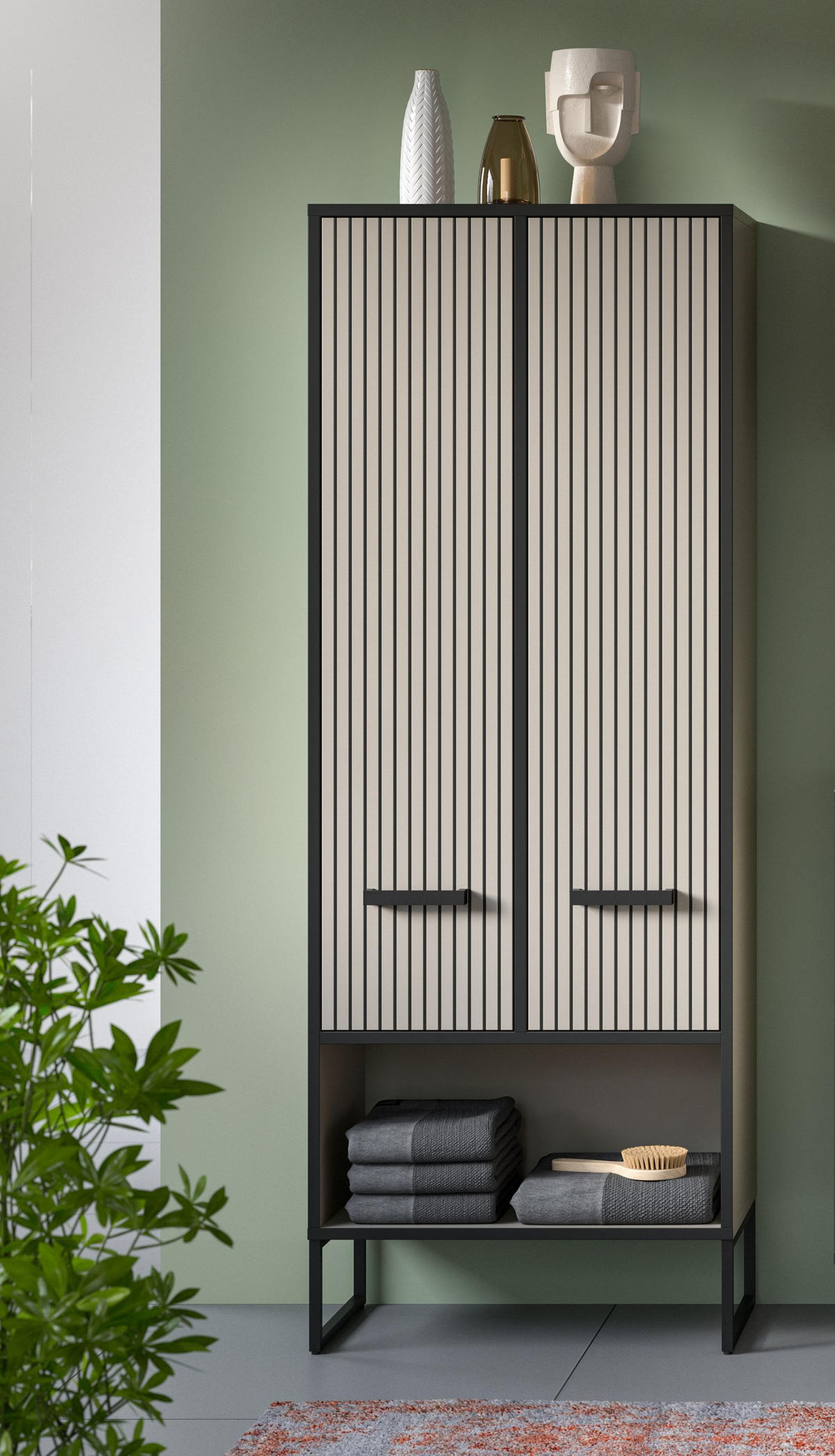 HOCHSCHRANK Bagno Bad in Kaschmir Nachbildung und schwarz - modernes Design - B/H/T: 59x159x32 cm - Kaschmir, Holzwerkstoff (59/159/32cm)