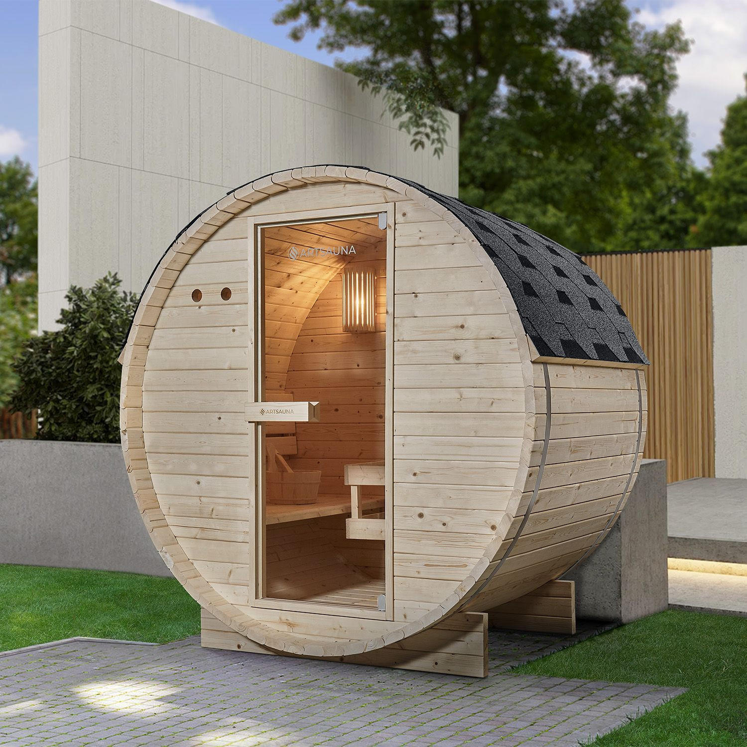 FASSSAUNA Spitzbergen 120 cm mit 3,6 kW Saunaofen (2 Personen) - Naturfarben, Holz (191/193/120cm) - Artsauna
