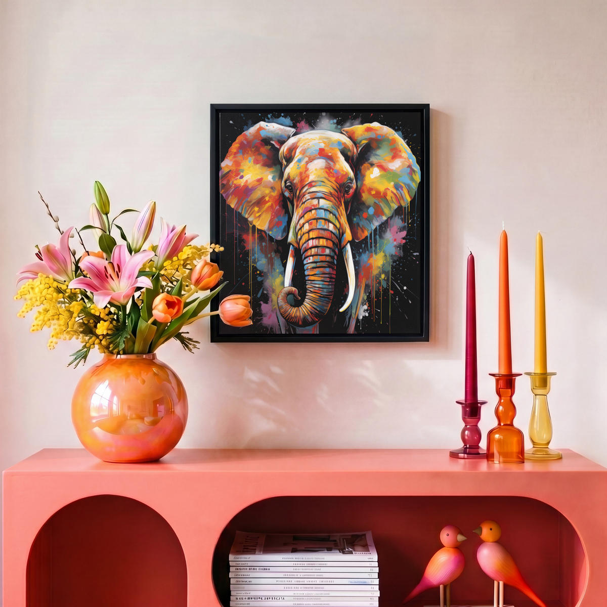 LEINWAND Bilder mit Rahmen - Elefant - Graffiti - Schwarz - Tiere - Farben - 20x20 - Schwarz, Textil (20/20cm) - MuchoWow