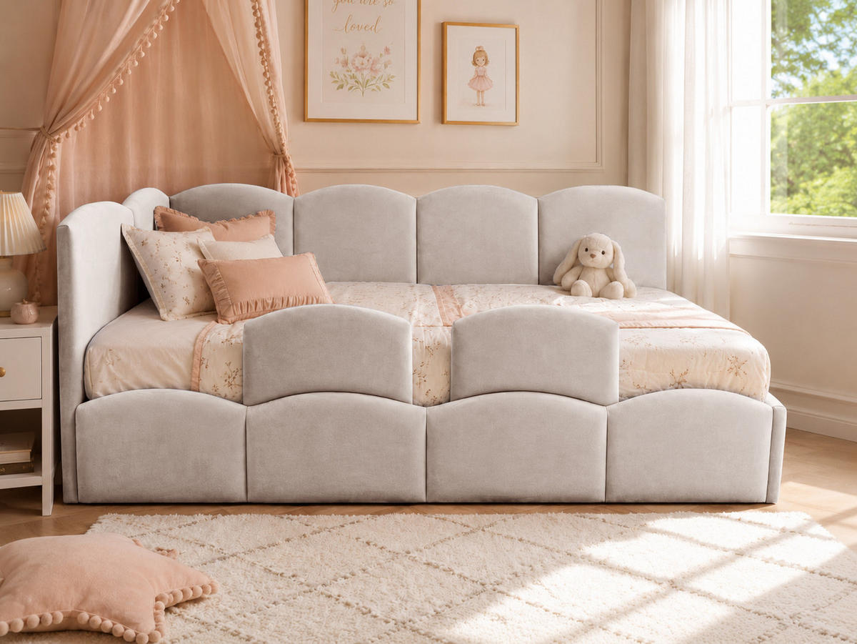 KINDERBETT TIM 90x200 rechts Beige mit Bettkasten & Rausfallschutz - Beige, Textil (90/200cm) - KS Home Concept