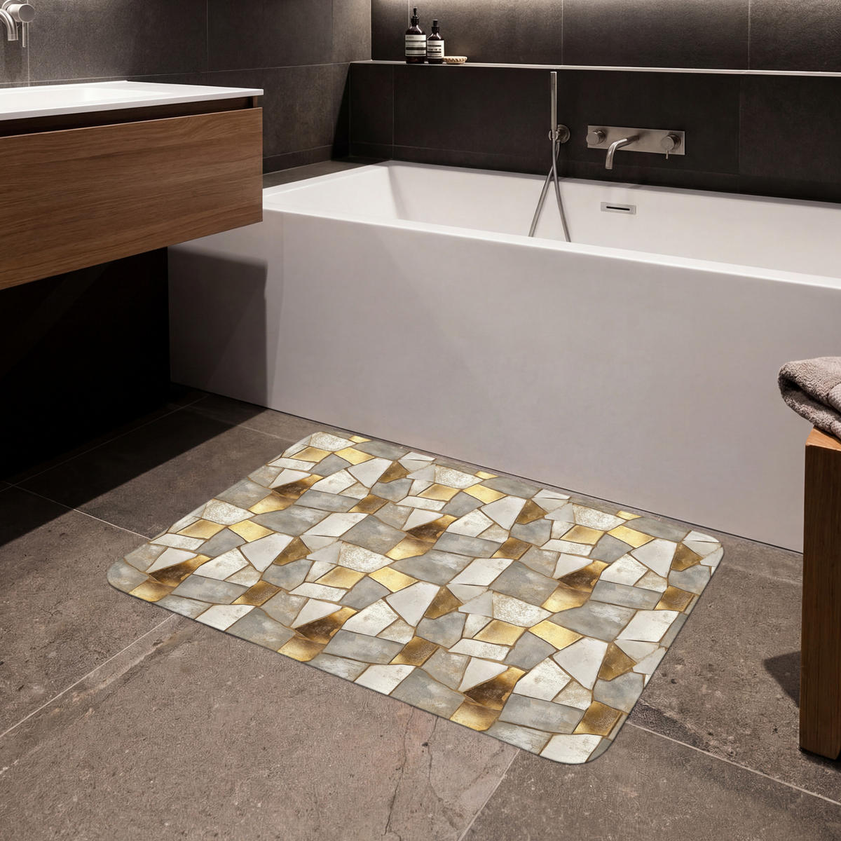 KOUPELNOVÁ PŘEDLOŽKA Mozaika - Mramor - Zlato 90x60 cm - šampaňská, textil/plast (90/60cm)