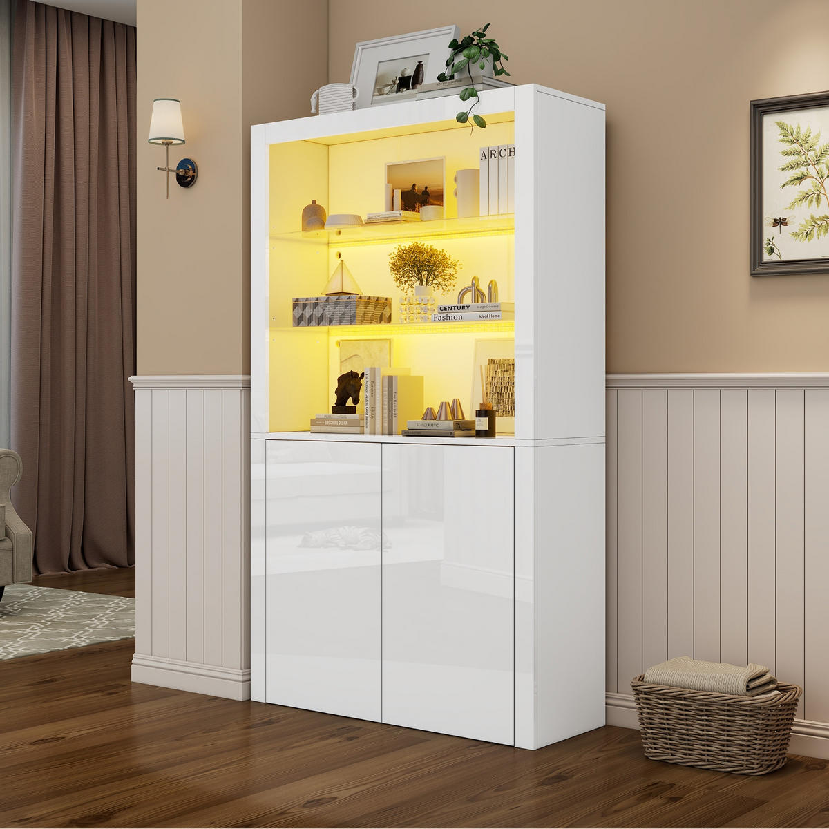 KÜCHENSCHRANK 100/170/35 cm, MDF, MIT LED-BELEUCHTUNG, Wohnzimmer Hochschrank - Weiß, Holzwerkstoff (35/170/100cm) - Rolipo