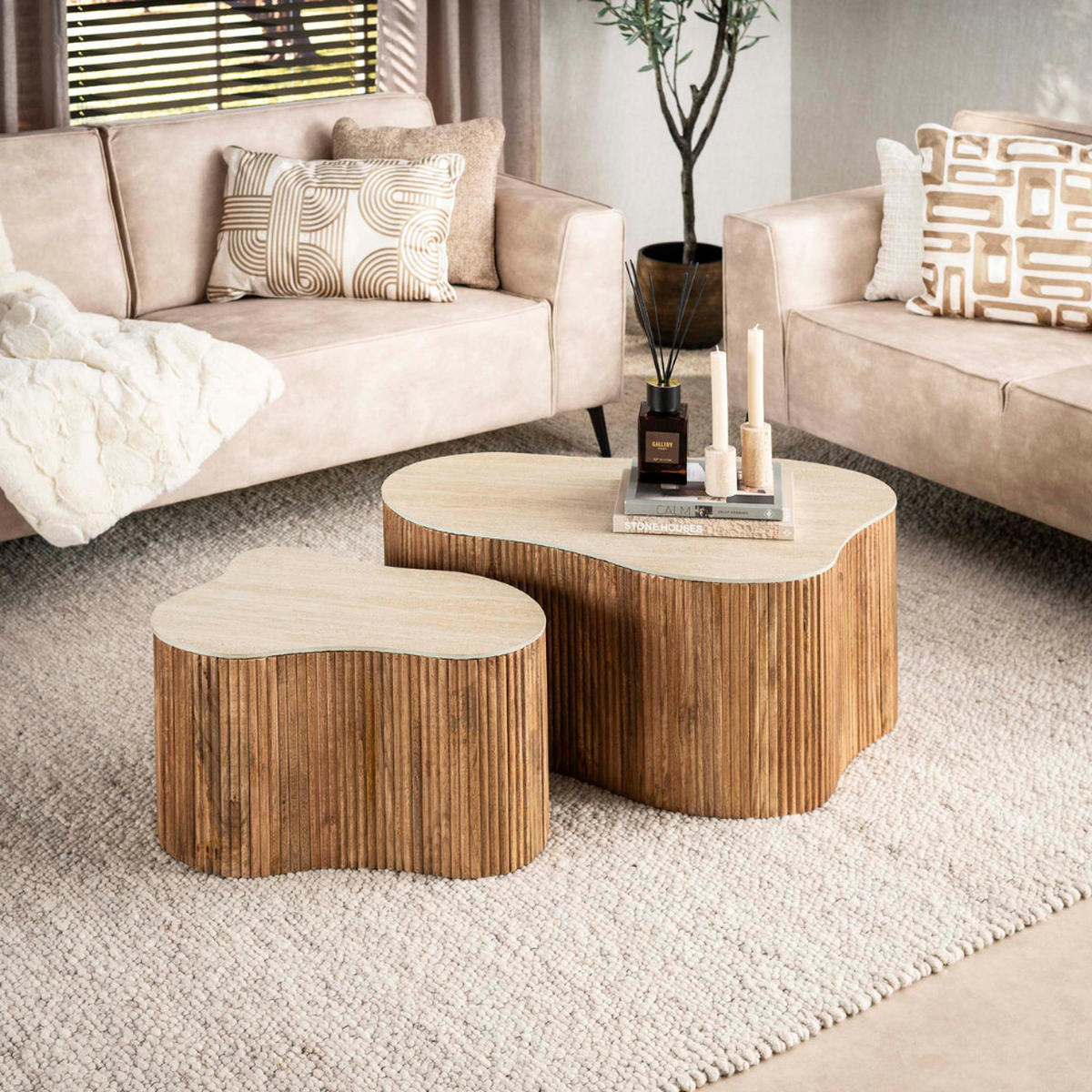 COUCHTISCH-SET TULLIO SASSO Organische Satztische mit Travertin-Keramik - Beige/Braun, Holz/Keramik (59/90/41cm) - alesvelt
