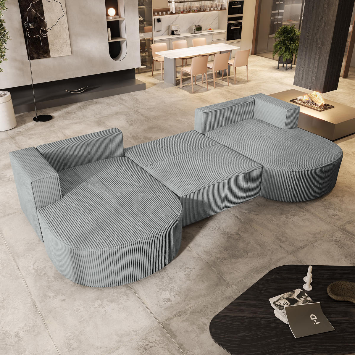 WOHNLANDSCHAFT VEZZO P Hellgrau Kordstoff mit Schlaffunktion - Hellgrau, Holz (347/85/174cm) - MASSENO