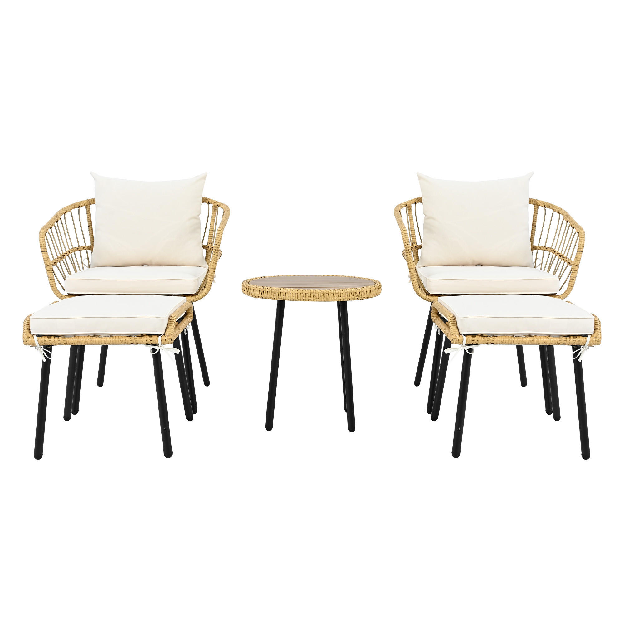 GARTENLOUNGE-SET Weiß/Natur 5-teilig inkl. Tisch & Hocker - Weiß, Naturmaterialien - PANGIVO