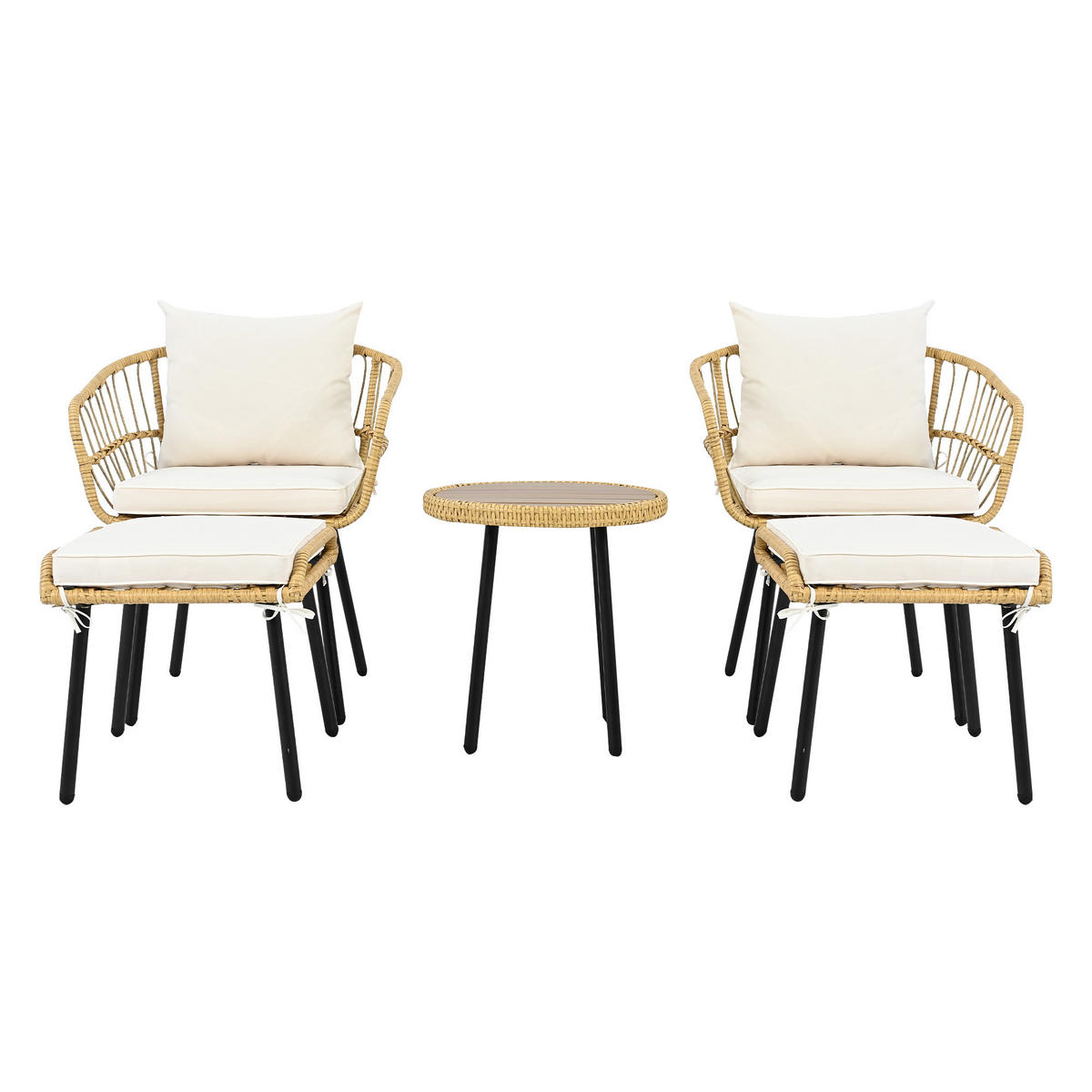 LOUNGEGARNITUR 5-tlg. Rattan Natur & Weiß Balkonmöbel mit Tisch, 2 Stühlen & 2 Hockern - Naturfarben, Textil - Urban Meuble