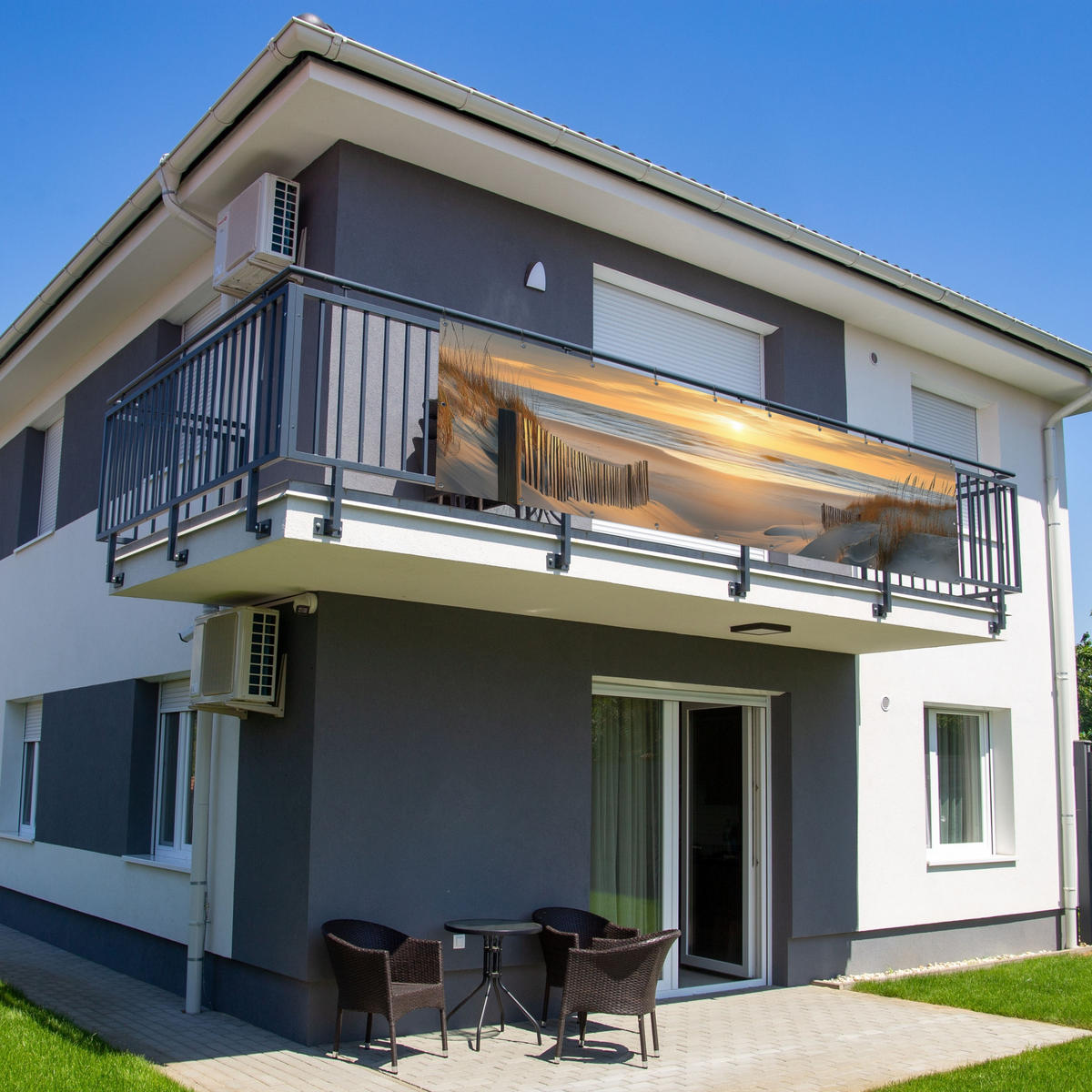 BALKON-SICHTSCHUTZ Strand - Dünen - Sonnenuntergang 300x85 cm - Sandfarben, Kunststoff (300/85cm) - MuchoWow