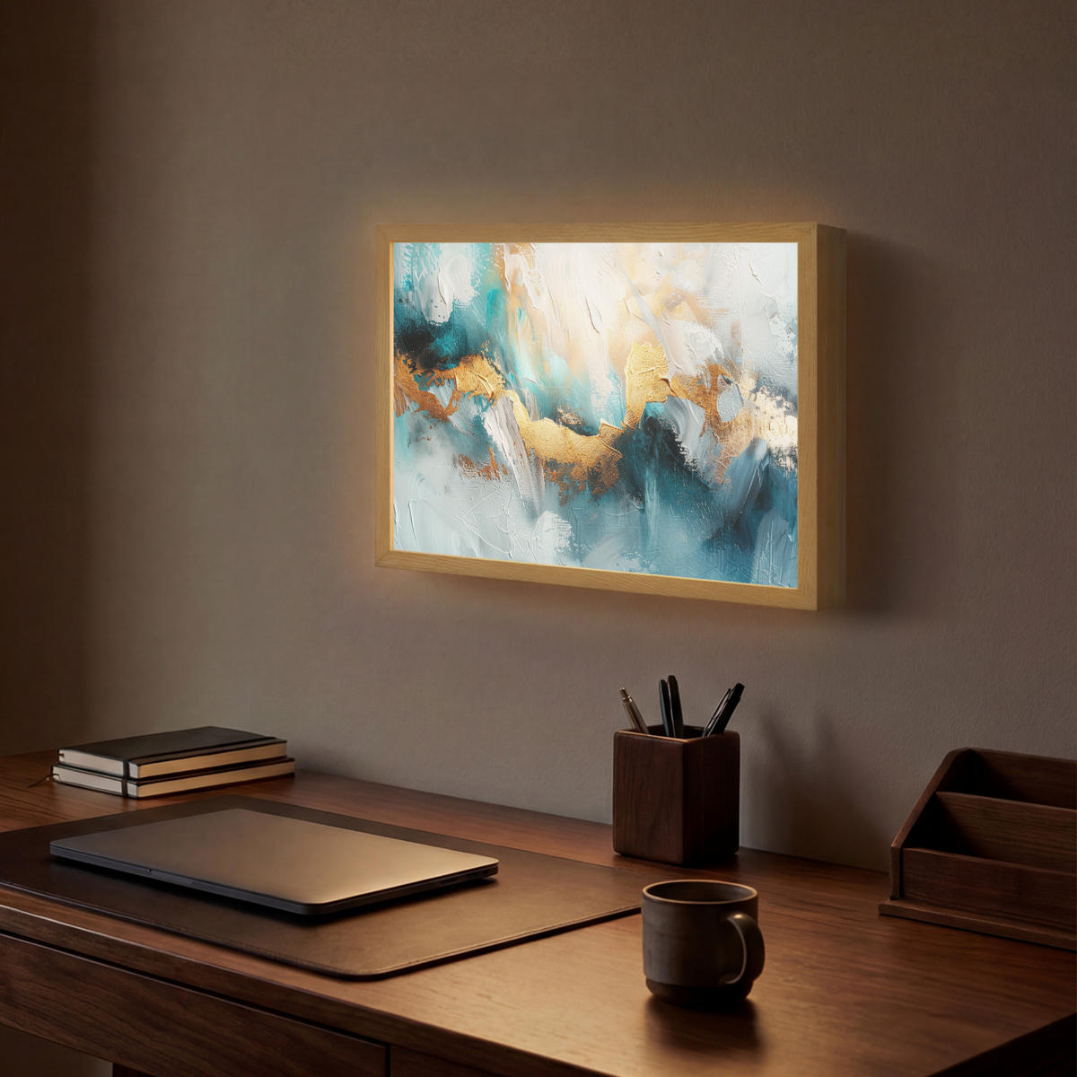 NÁSTĚNNÁ LAMPA S AKUMULÁTOREM Abstraktní - umění - zlatá - modrá 40x30 cm - tyrkysová, kompozitní dřevo (40/30/8cm) - OnlyWow