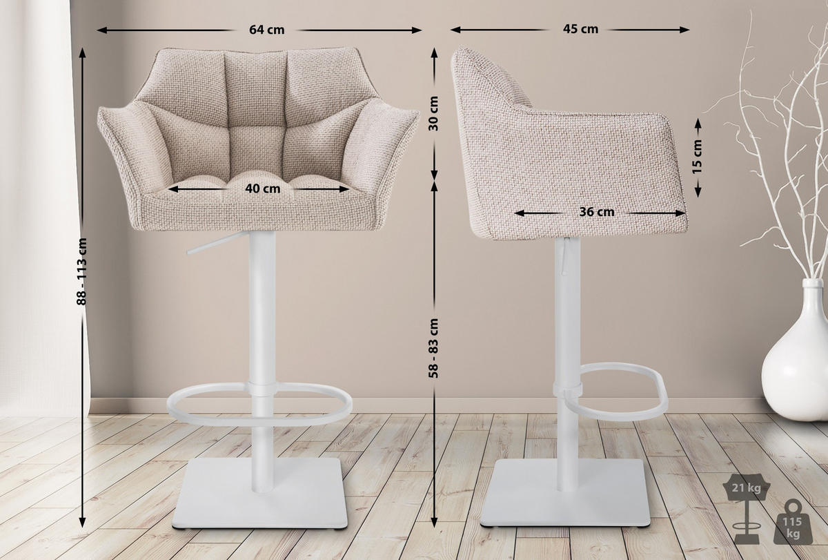 BARHOCKER 2er Set Stoff Elfenbein - Creme/Weiß, Textil/Metall (64/88/45cm) - CLP
