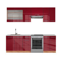 KÜCHENZEILE Fame-Line Bordeaux Hochglanz/Goldkraft Eiche 240 cm AP Marmor - Honigeiche/Bordeaux, Holzwerkstoff (240/81.6/60cm) - Vicco