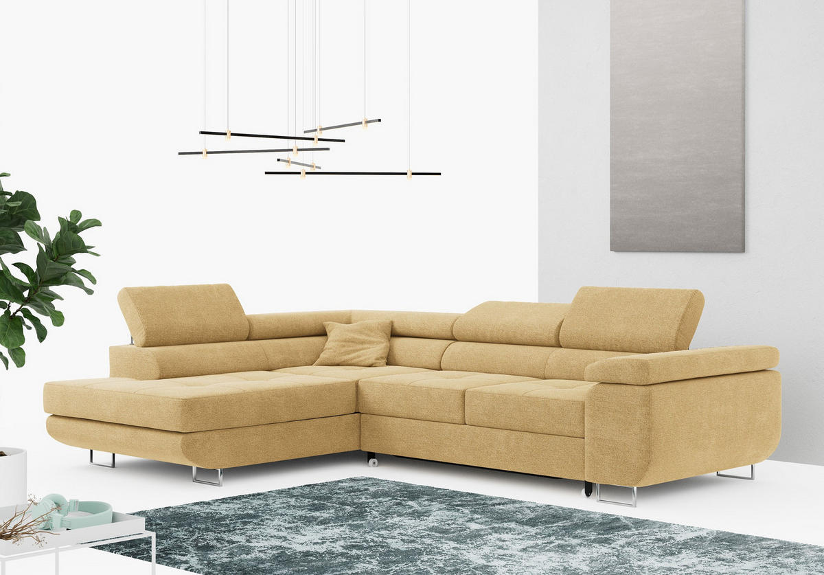 ROHOVÁ SEDAČKA GUSTAW L - Žlutý Strukturovaná látka - Levá Strana - stříbrná/žlutá, kov/textil (275/205cm) - MKS