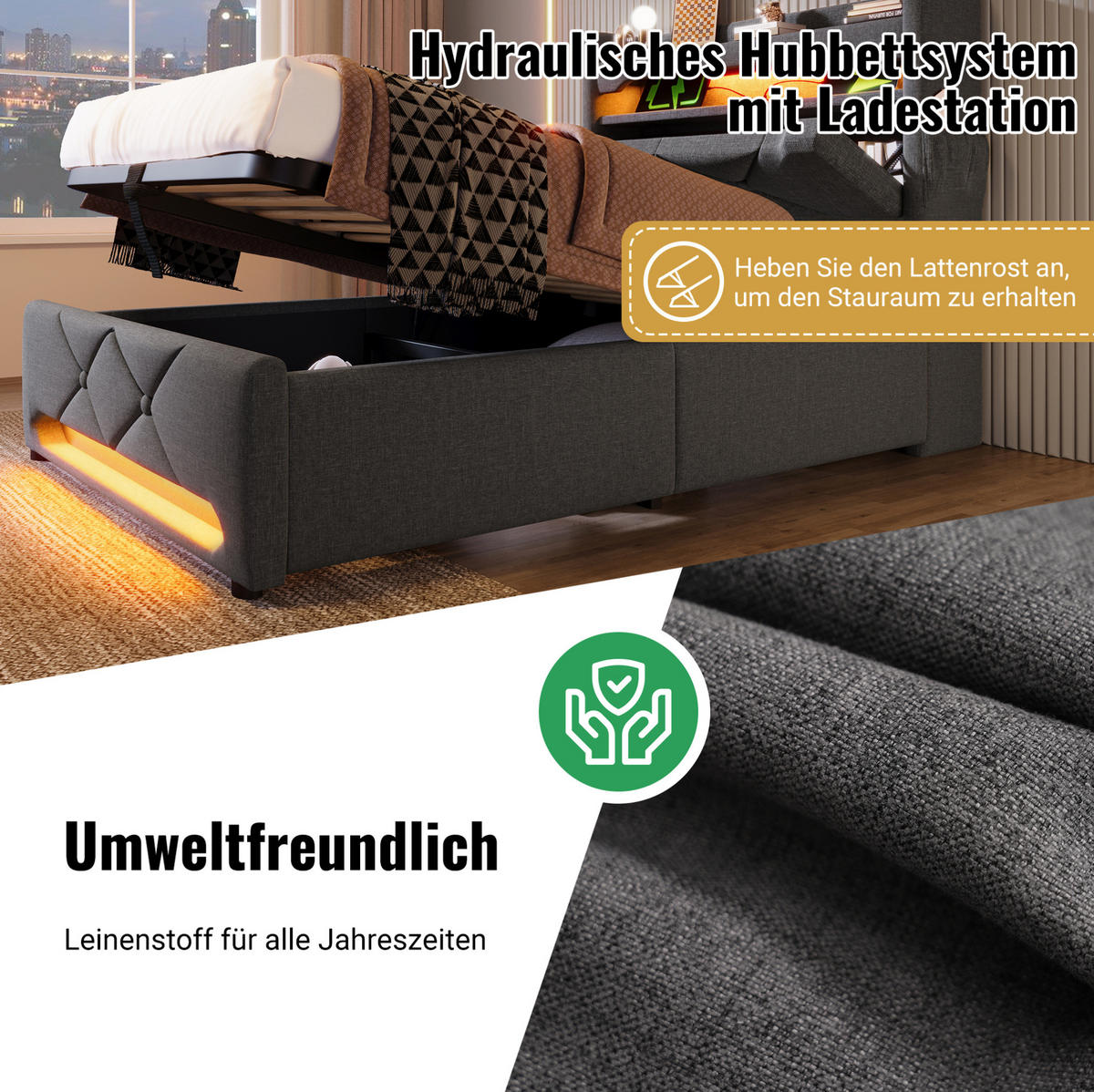 POLSTERBETT aus Leinen 90x200 cm in Grau mit LED & USB/Typ-C - Grau, Textil (90/200cm) - Modfu