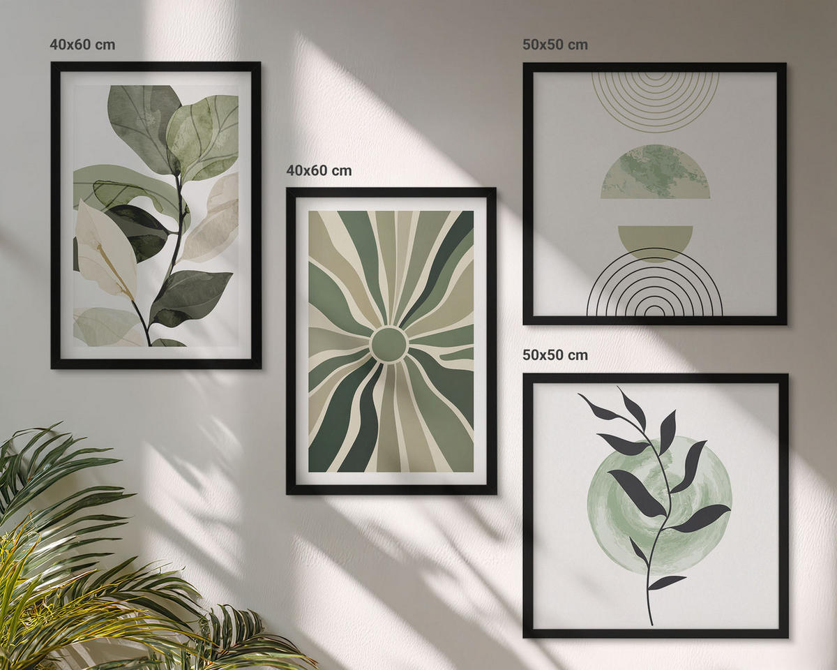 BILDER SET 4er Set - 50x50 cm & 40x60 cm Schwarzer Rahmen - Geometrische Pflanzenformen - Schwarz, Kunststoff (50/50cm) - TULUP