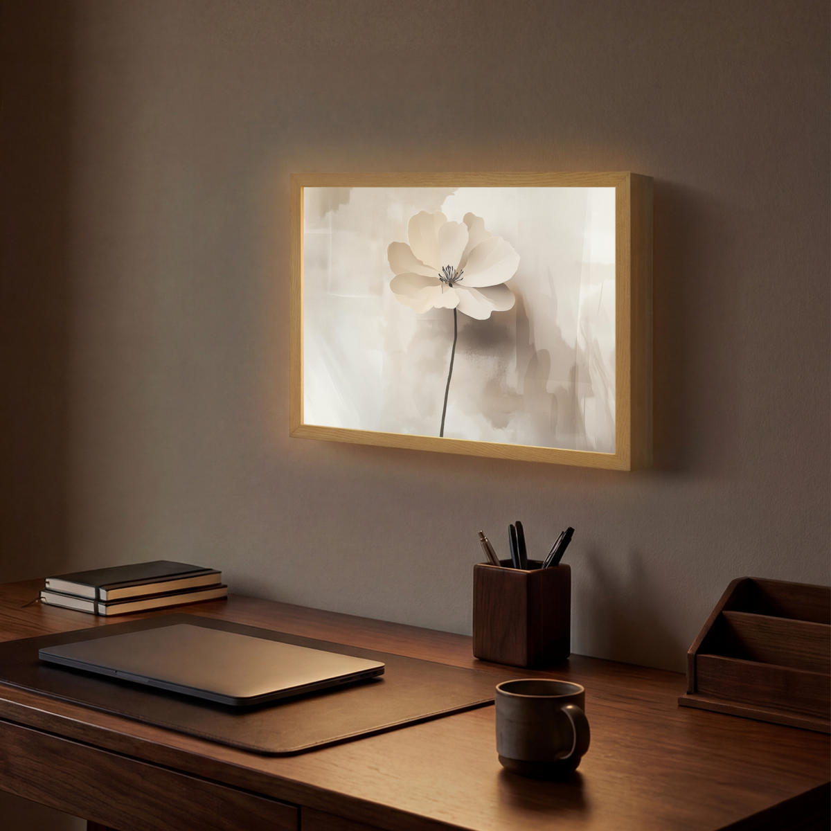 NÁSTĚNNÁ LAMPA S AKUMULÁTOREM Květina - béžová - barva - stín 40x30 cm - béžová, kompozitní dřevo (40/30/8cm) - OnlyWow