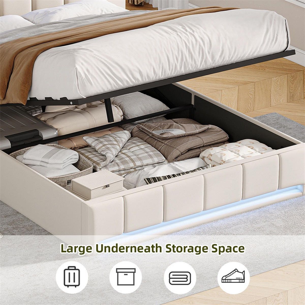 POLSTERBETT 140x200 cm mit LED-Beleuchtung und hydraulischem Stauraum - ohne Matratze - Beige - Beige, Textil (140/200cm) - DELFA