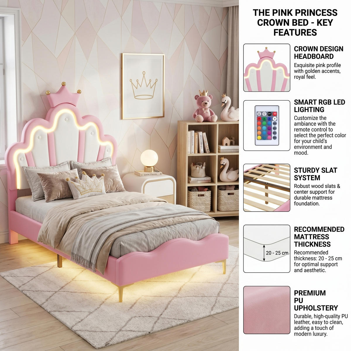 KINDERBETT Bogen-Krone mit 2-Zonen-LED & Goldbeinen 90/200 cm PU-Leder Rosa - Pink, Leder (90/200cm) - Creahappy