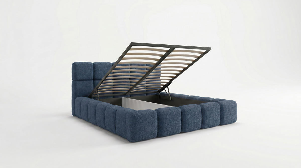 POLSTERBETT LOMBA 140x200 cm mit Bettkasten und Metall-Lattenrost – Bouclé Stoff Coral Dunkelblau - Dunkelblau, Textil (140/200cm) - Luxkor24
