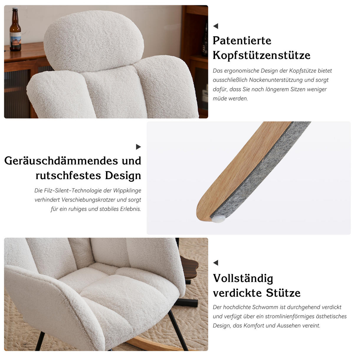 SCHAUKELSTUHL Teddy-Stoff mit Kopfpolster und Filzgleitern 102/70/107 cm Weiß - Weiß, Textil (70/107/102cm) - Redom