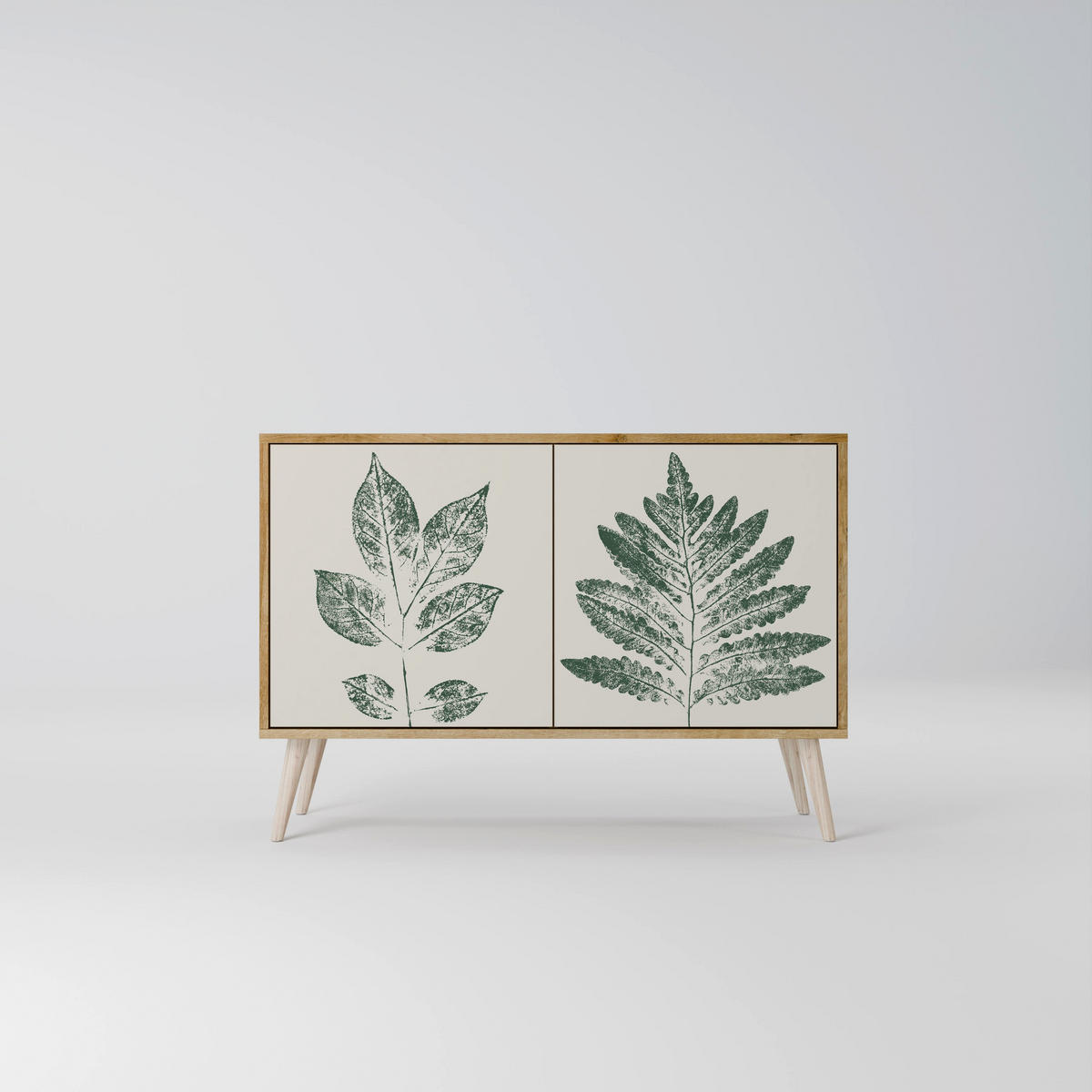SIDEBOARD GREEN LEAFY STAMPS, Graue Oberfläche, 111x42x57,5 cm, 2 Türen - Grau, Holzwerkstoff (111/57.5/42cm) - SpaceRebels