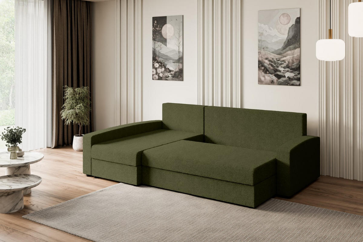 ECKSOFA mit Schlaffunktion und Bettkasten ALESIA-L 231x140x90 cm Grün Bouclé - Silberfarben/Grün, Holzwerkstoff/Kunststoff (231/140cm) - ALTDECOR