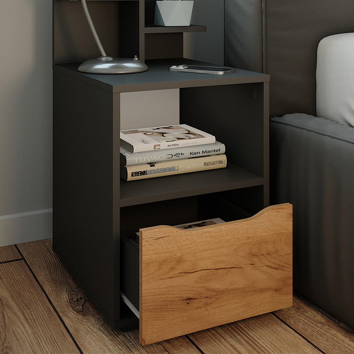 NACHTTISCH Ruben Anthrazit/Goldkraft Eiche 40 x 82.2 cm mit Schublade - Honigeiche, Holzwerkstoff (40/82.2/48cm) - Vicco