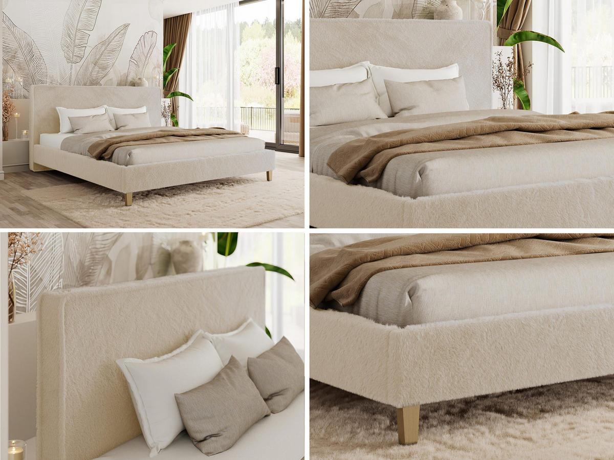 ČALÚNENÁ POSTEĽ LUMARO CLASSIC 140/200 - Krémová Plyš - Matrac Multipocket - krémová/jadrový buk, drevo/textil (140/200cm) - MKS