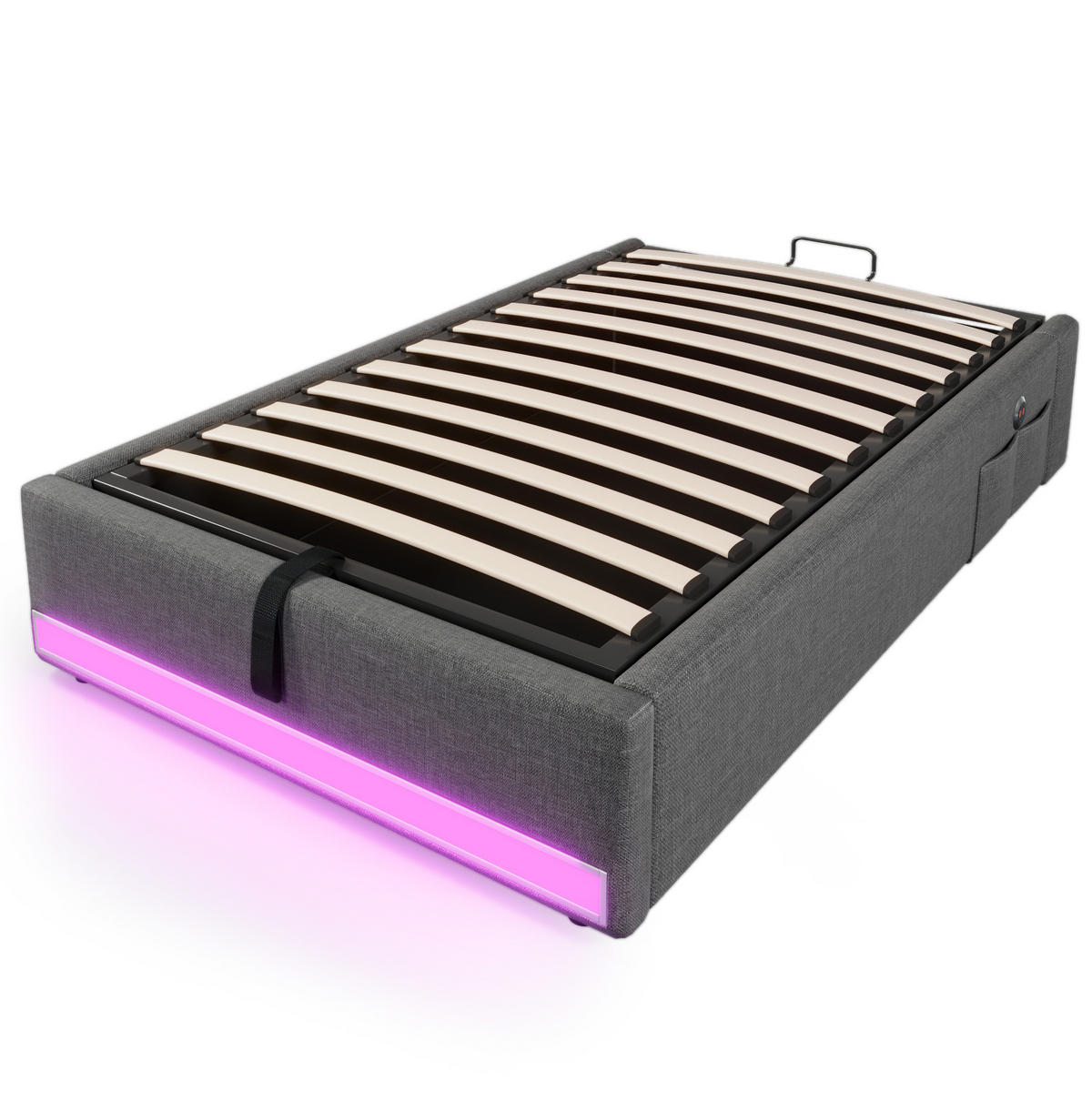 ČALÚNENÁ posteľ z ľanu a MDF 90x200 cm sivá s LED osvetlením, USB a Type-C portom, hydraulickým úložným priestorom - sivá, textil (90/200cm) - Modfu