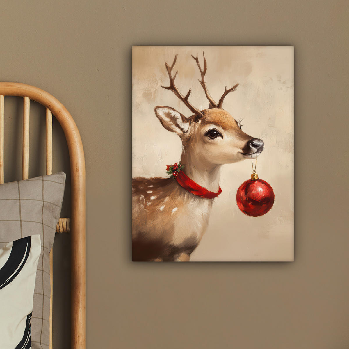 LEINWANDBILD Weihnachten - Hirsch - Geweih - Weihnachtskugel - Rentier 30x40 cm - Hellbraun, Textil (30/40cm) - MuchoWow