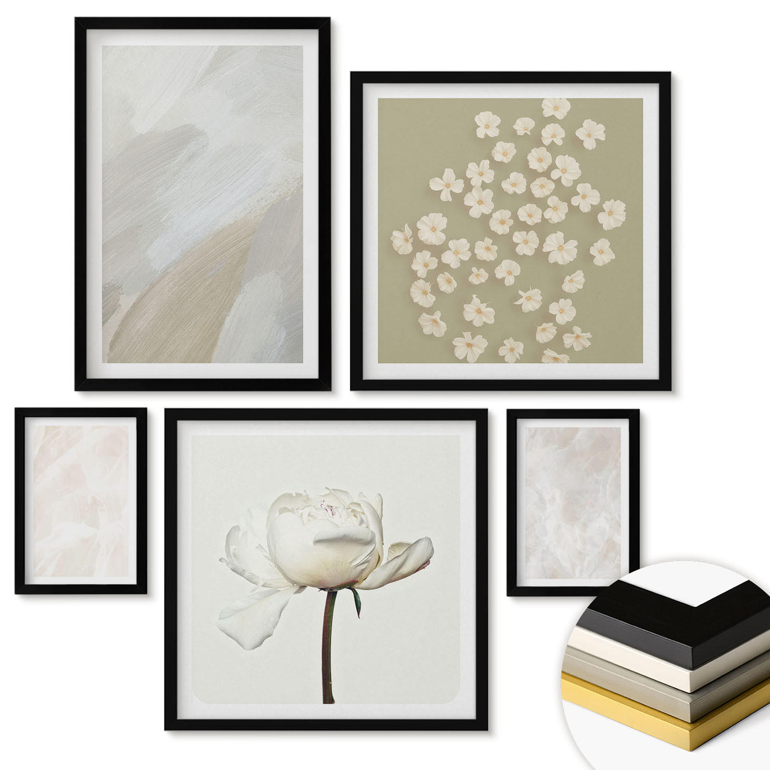WANDBILDER 5er-Set - 50x50 cm & 20x30 cm & 40x60 cm Schwarzer Rahmen - Blumen, modische Boho-Texturen - Schwarz, Kunststoff (40/60cm) - ArtPrintCave