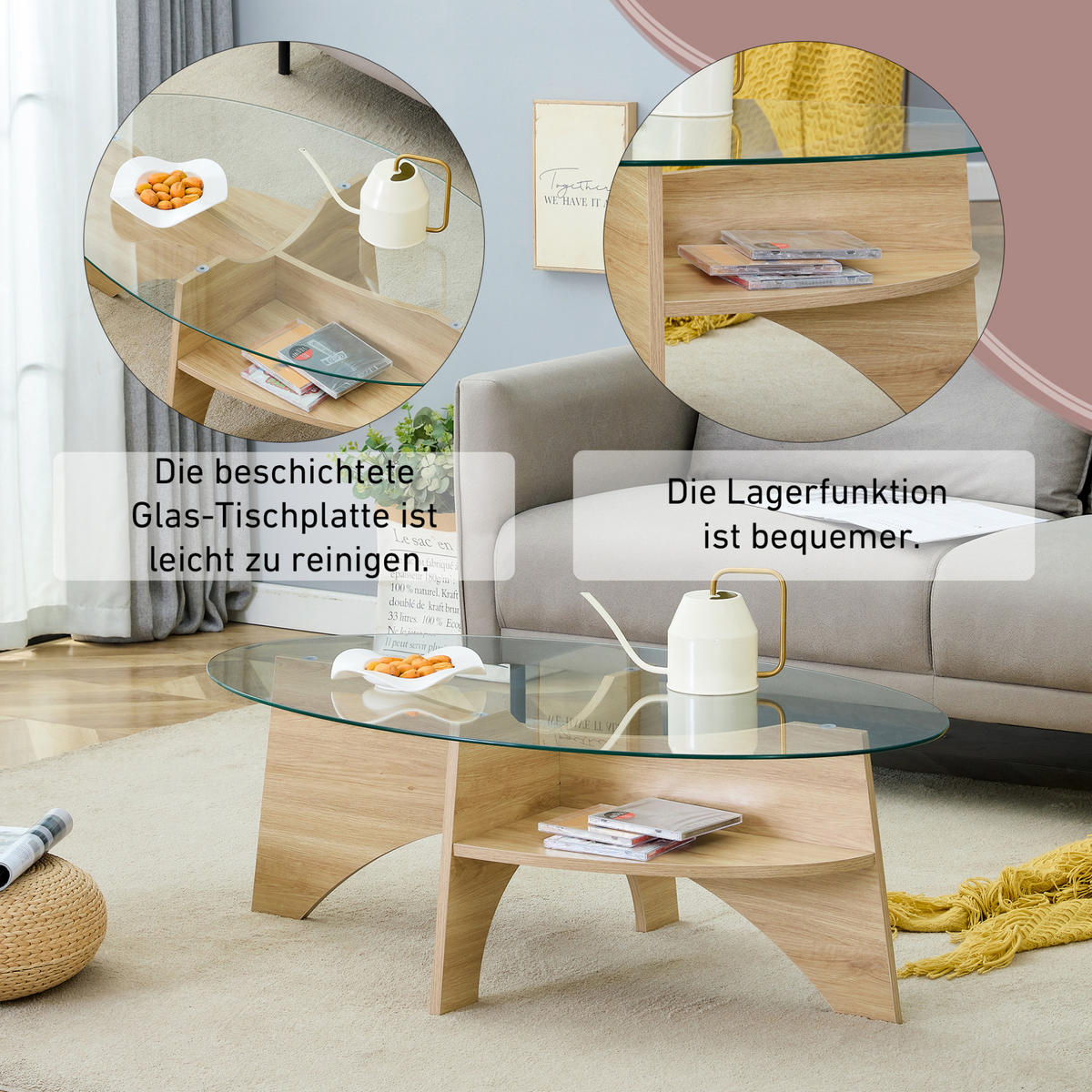 COUCHTISCH 104.9/60 cm Transparent/Holz aus MDF und Sicherheitsglas mit Ablage - Transparent, Glas (104.9/60/35.6cm) - OKMYHOME
