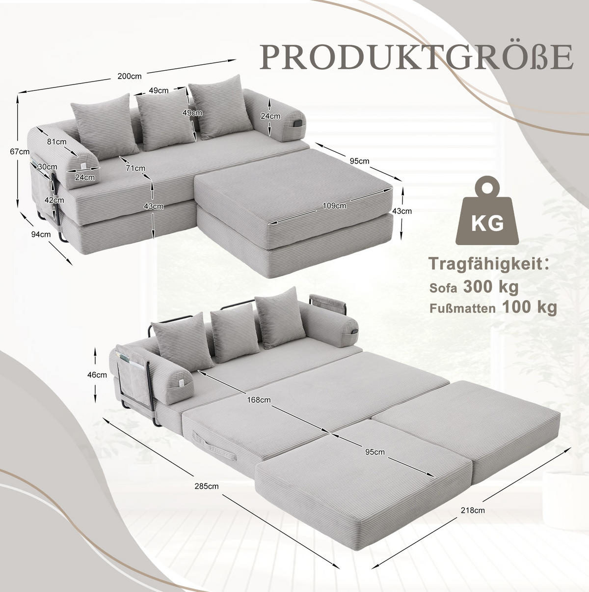 ECKSOFA aus Cord 200x190x67 cm Hellgrau frei kombinierbar mit Hocker, 3 Kissen und Seitentasche - Hellgrau, Textil (200/190cm) - Modfu