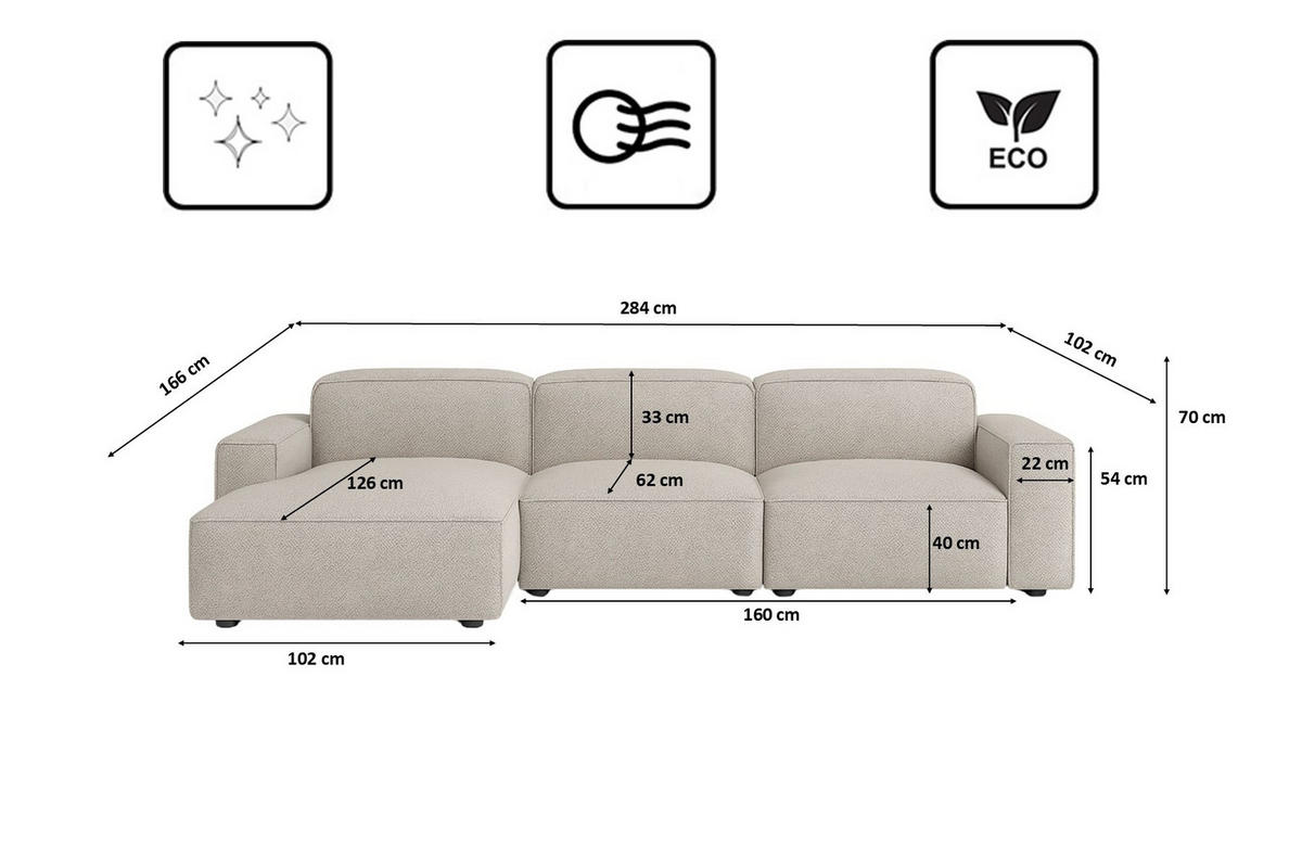 ECKSOFA Cursal L-Form, Stoff Artico, Nata, Links - Beige, Holz (284/166cm) - Kaiser Möbel