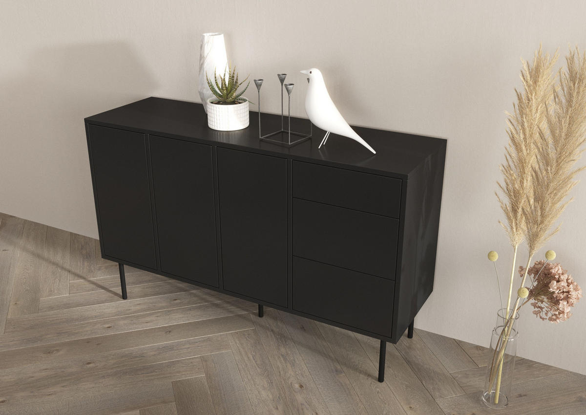 SIDEBOARD Mirka, Schwarz, Push to Open System, Minimalistisch - Schwarz, Holzwerkstoff/Metall (130/80/40cm) - Dancan