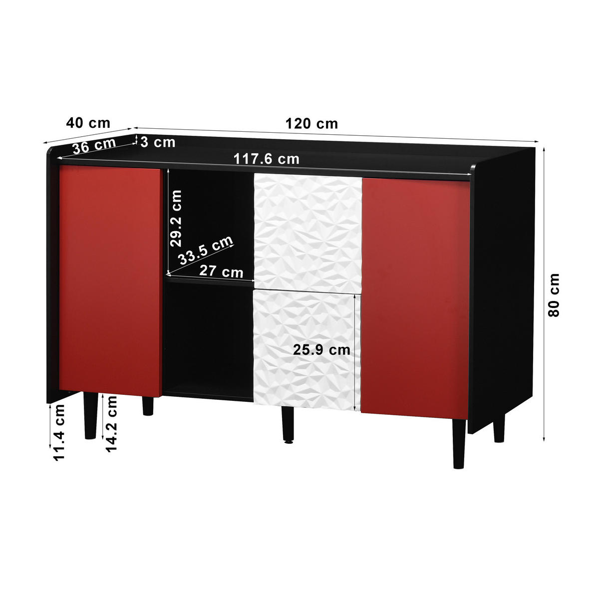 SIDEBOARD 120/40/80 cm, MDF Schwarz/Rot mit 2 Schubladen, offenem Fach und Tür, Schwarz/Rot - Rot, Holzwerkstoff (120/80/40cm) - Redom