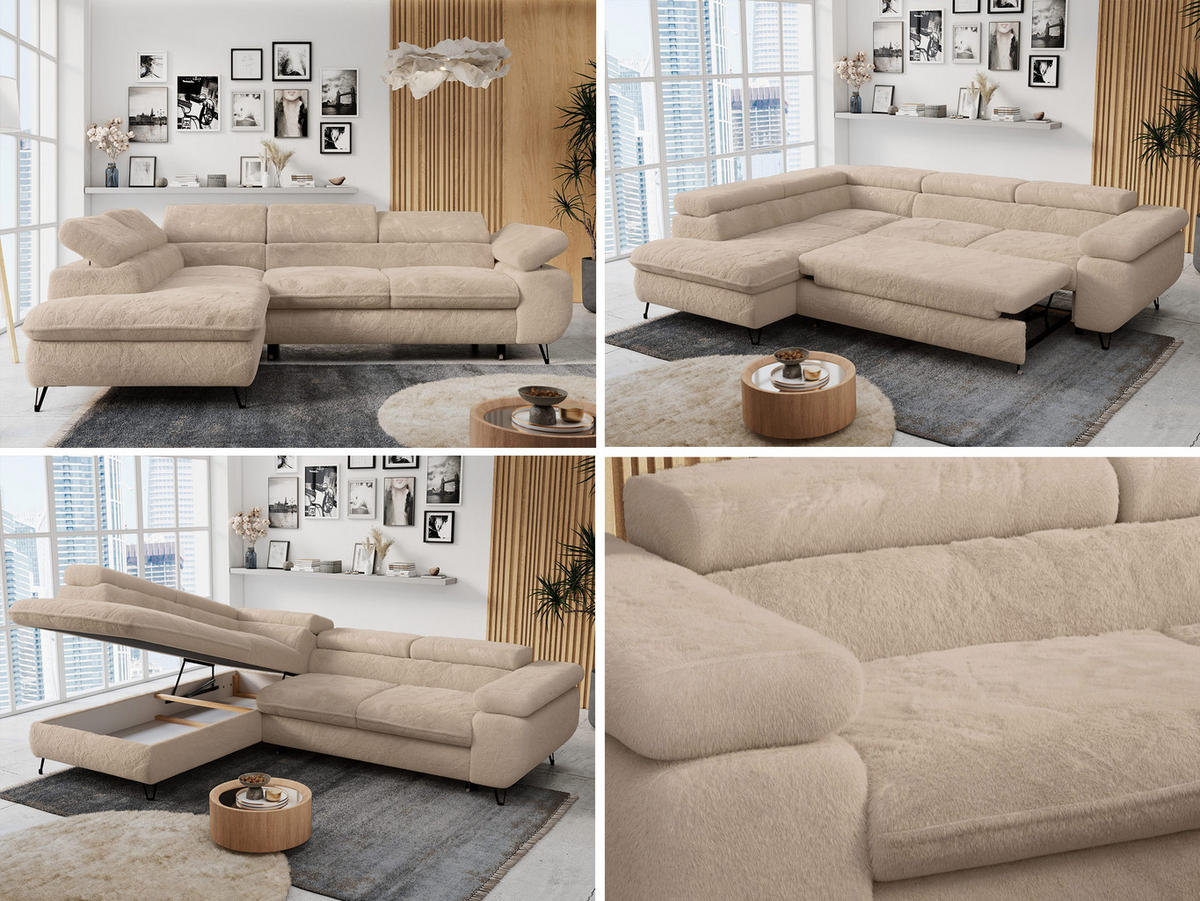 ECKSOFA PETER L Beige Plüsch - Links Seite - Beige/Schwarz, Textil/Metall (208/273cm) - MKS