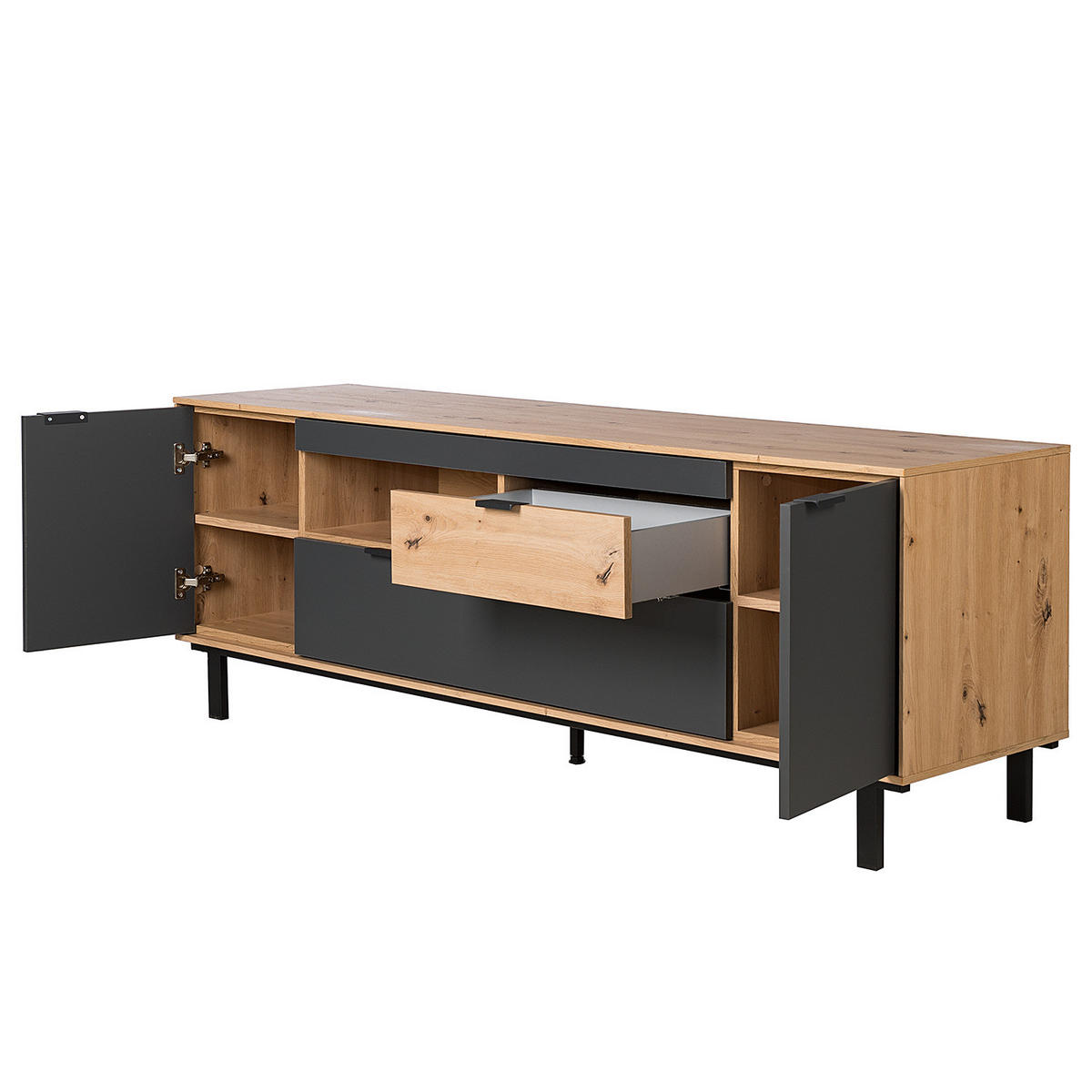 TV-LOWBOARD - Graphit / Eiche Artisan Dekor - Eichefarben/Schwarz, Holzwerkstoff/Metall (180/63/44cm) - home24