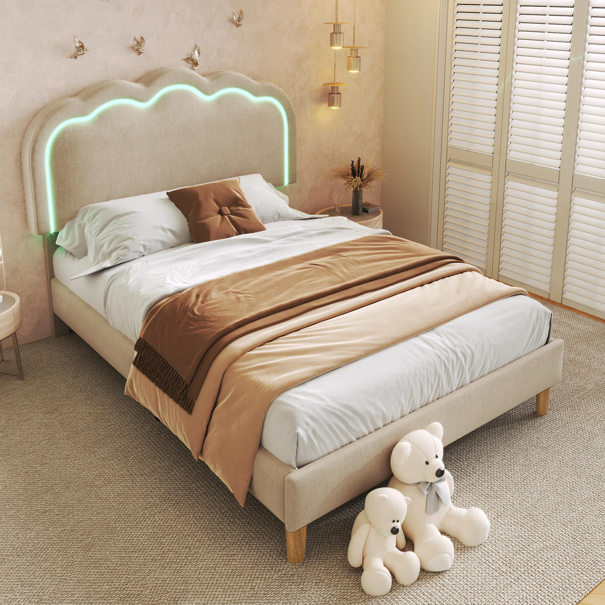 BETT mit LED-Kopfteil 90x200 cm Leinen Beige - Beige, Metall (90/200cm) - Meubliv