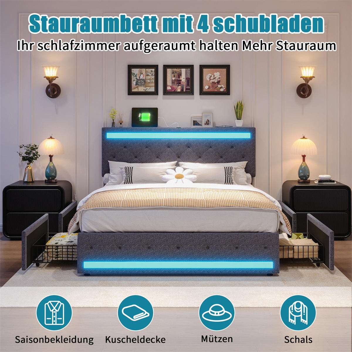 POLSTERBETT 140x200cm Doppelbett RGB-LED-Lichtleisten USB-Anschluss 4 Schubladen Leinen Dunkelgrau - Grau, Textil (140/200cm) - DELFA
