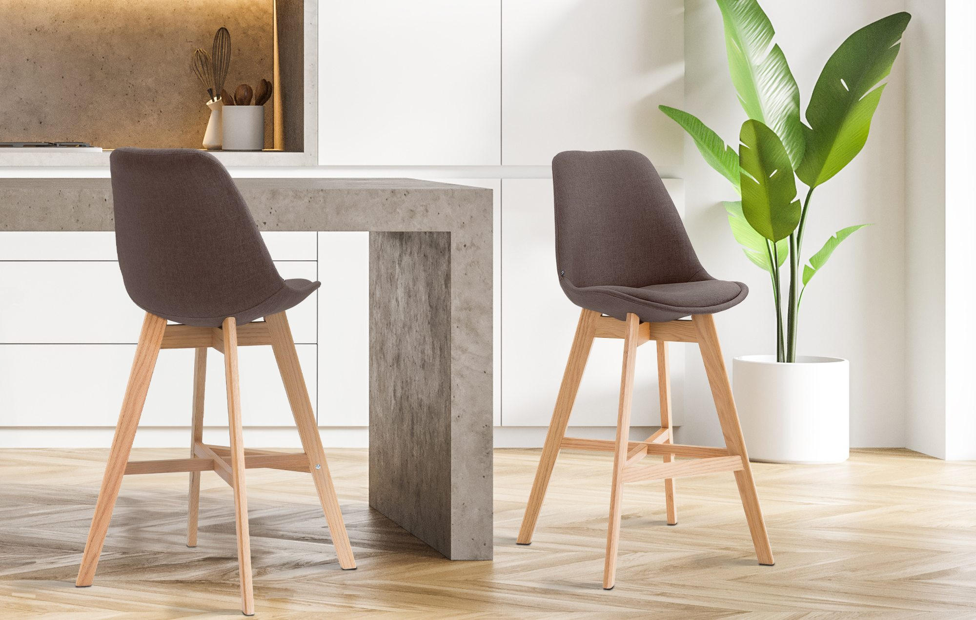 BARHOCKER 2er Set Stoff braun - Eukalyptusholzfarben/Braun, Holz/Textil (48/112/56cm) - CLP