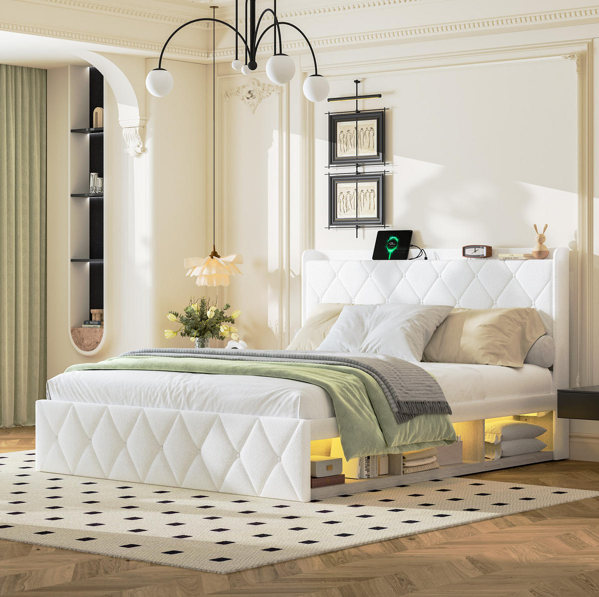 POLSTERBETT 160/200 cm mit USB-Anschluss, LED-Beleuchtung und Stauraum, Weiß - Weiß, Textil (160/200cm) - Redom