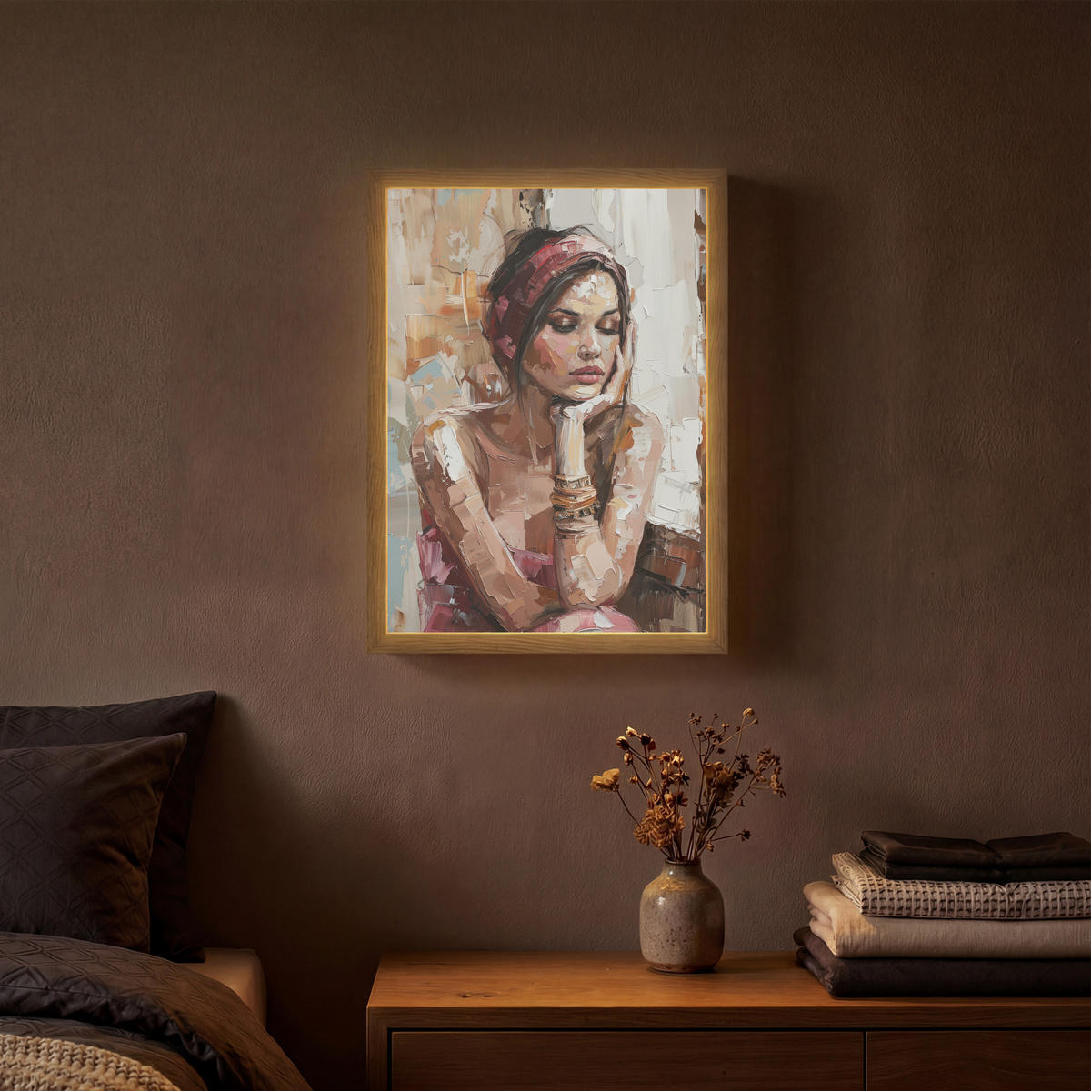 NÁSTĚNNÁ LAMPA S AKUMULÁTOREM Žena - vzhled malby - portrét - moderní 30x40 cm - hnědá, kompozitní dřevo (30/40/8cm) - OnlyWow